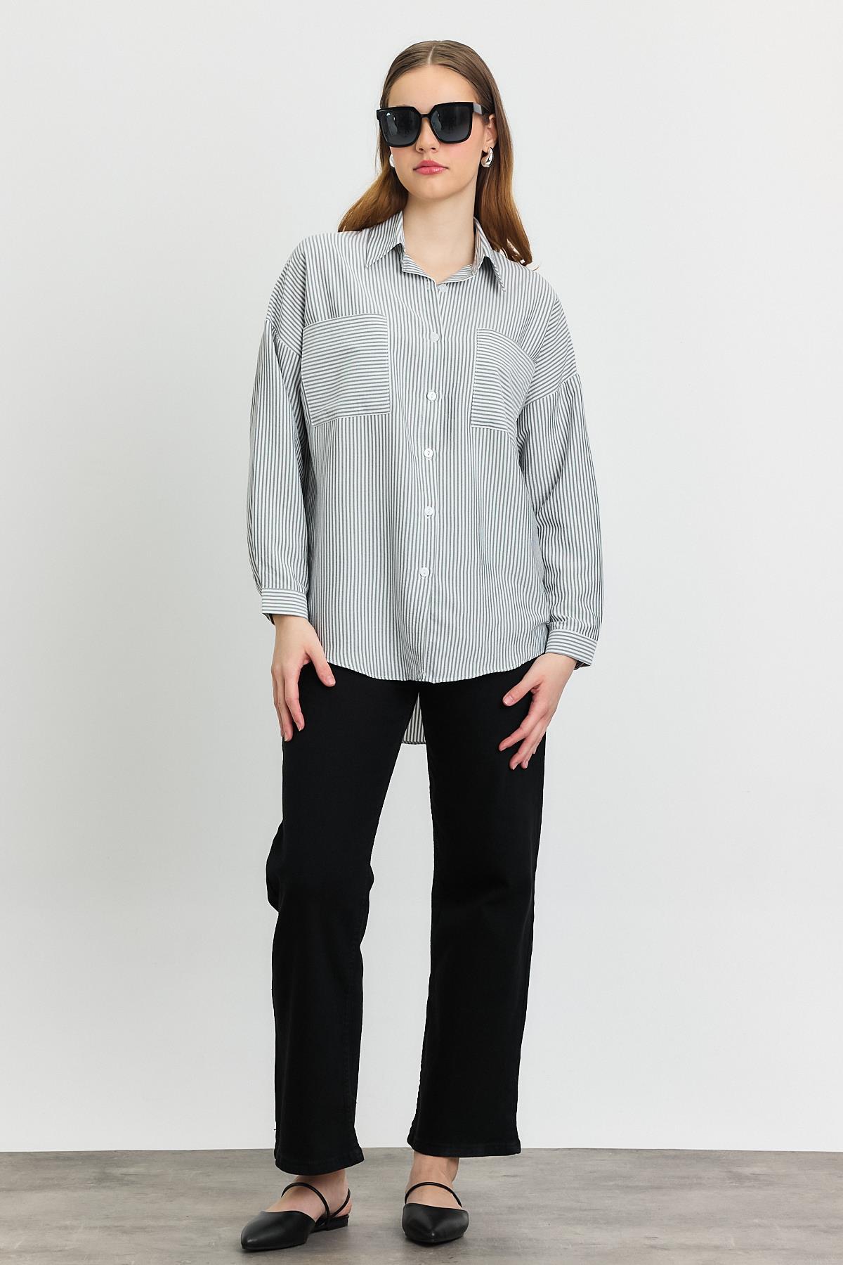 4294A Çizgili Cepli Gömlek Siyah - RAYS