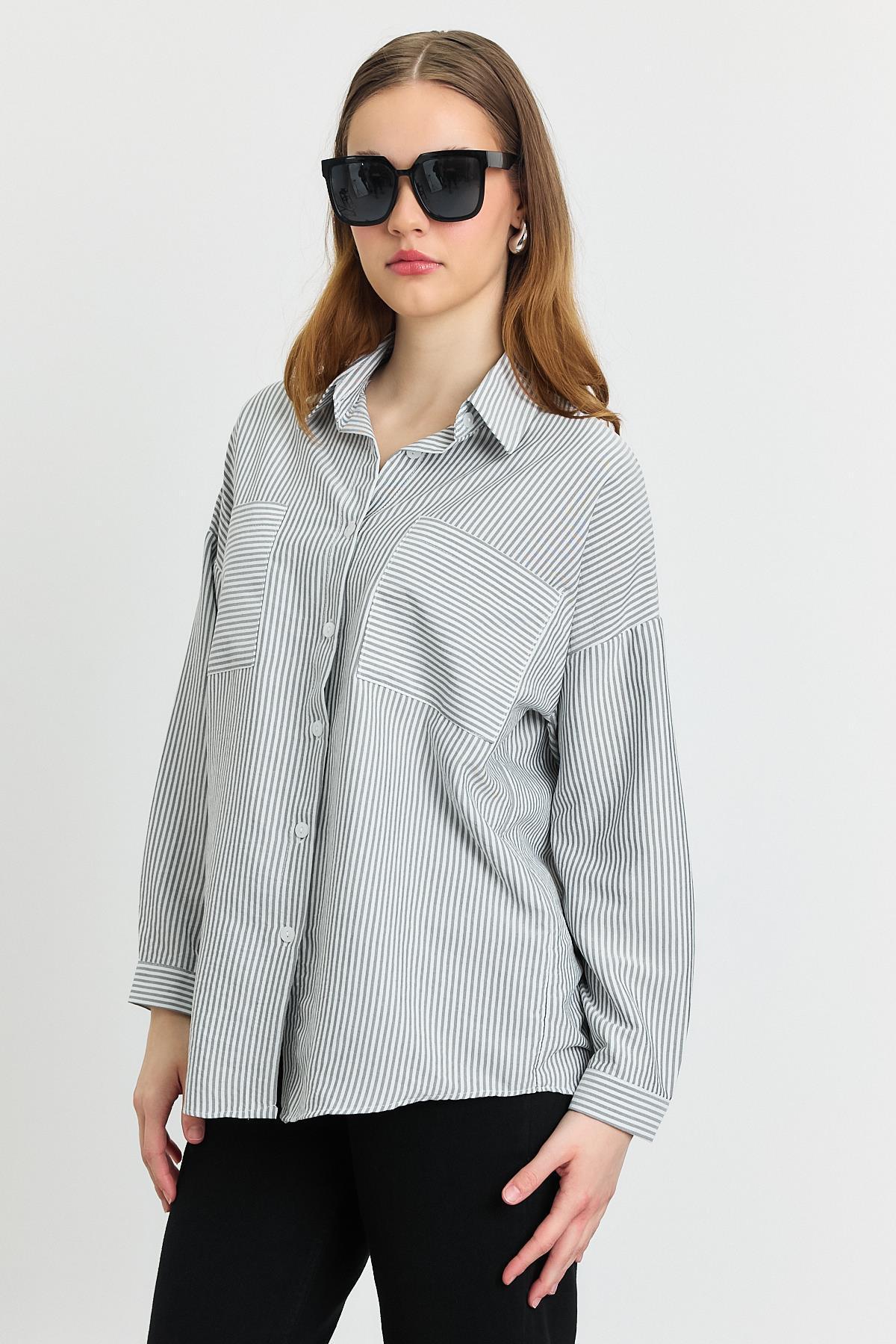 4294A Çizgili Cepli Gömlek Siyah - 6