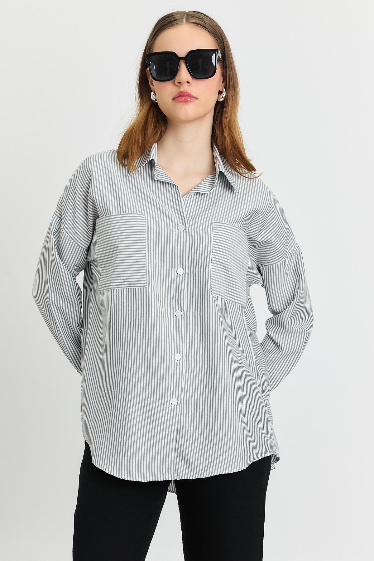 Siyah Çizgili Cepli Gömlek 4294A 