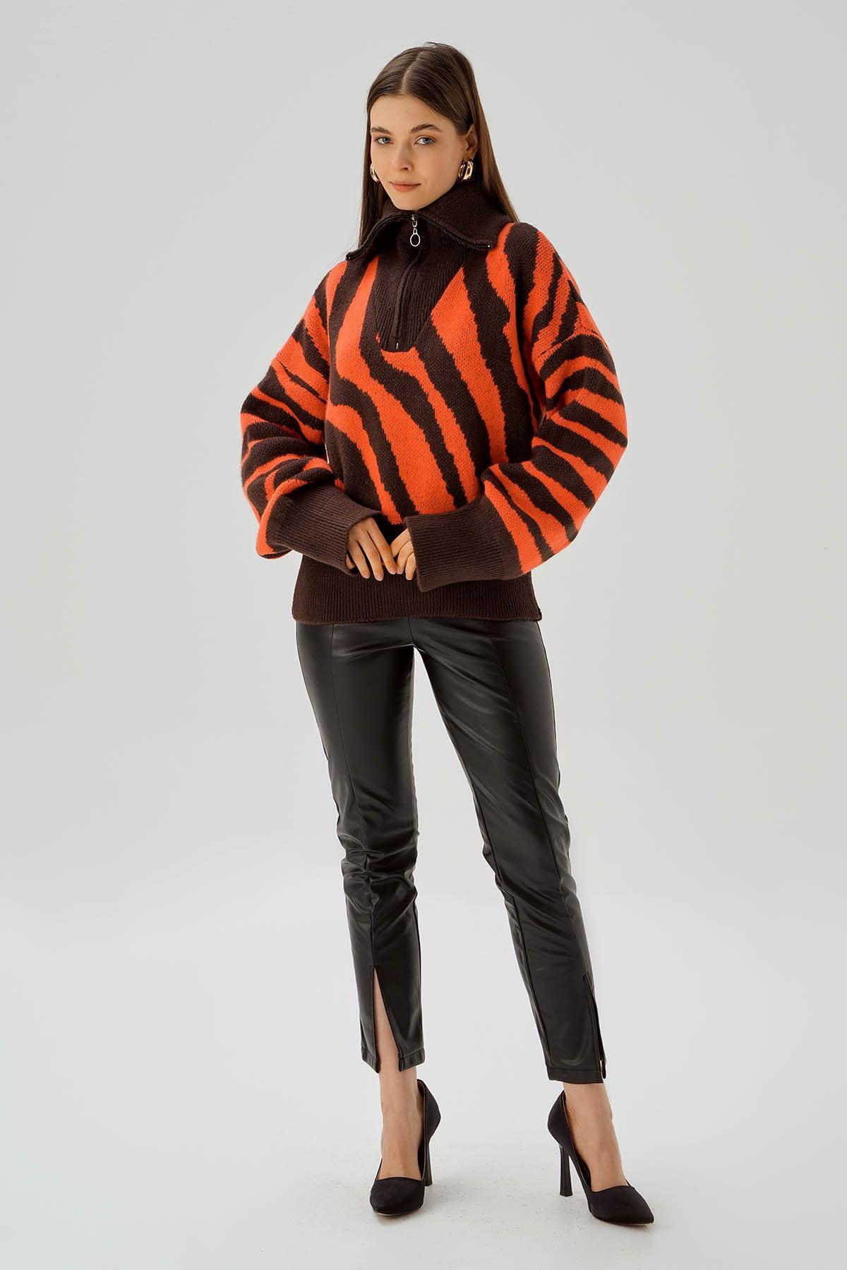 Kahve Fermuarlı Örgü Kazak 4295 