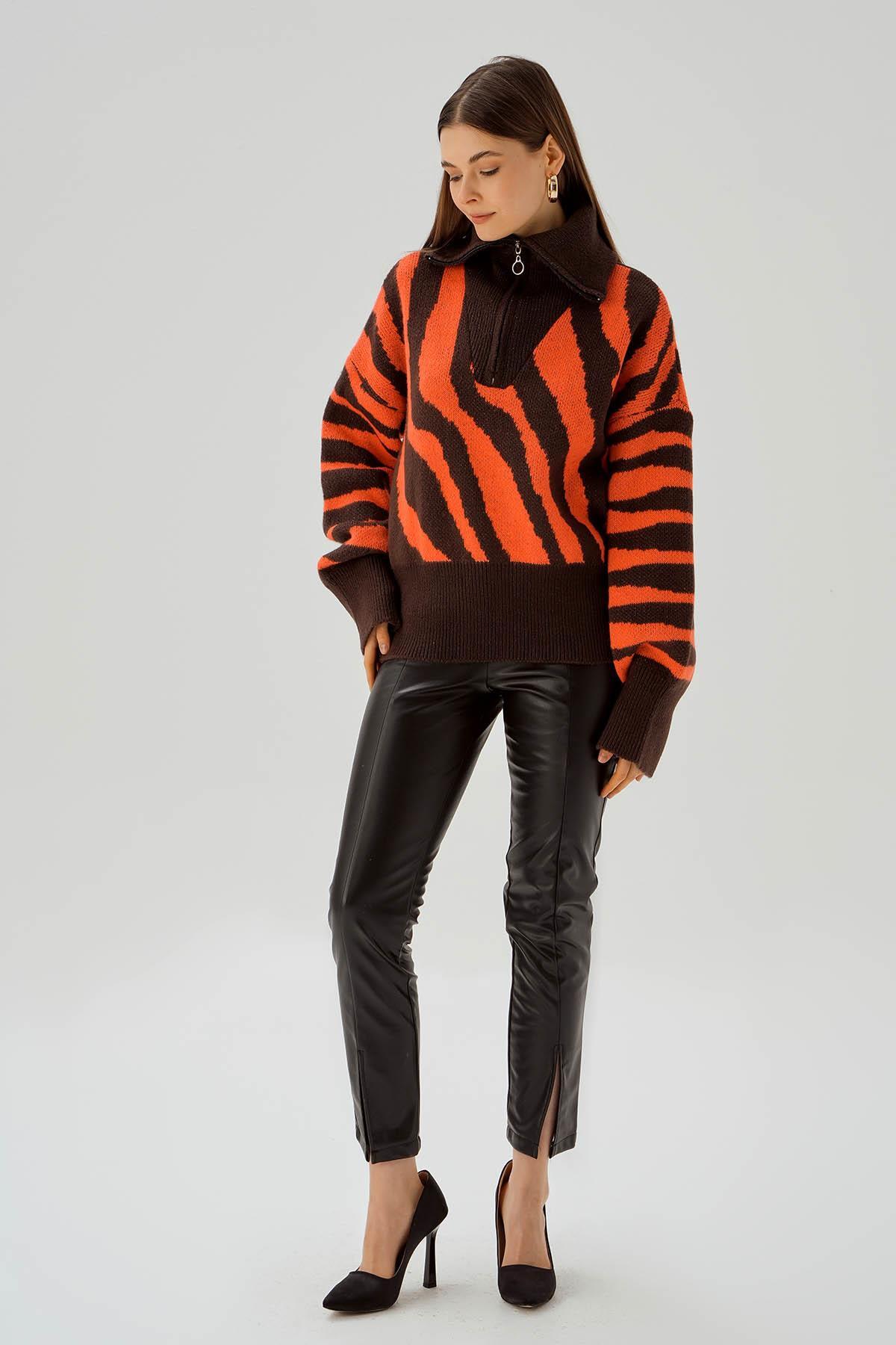 Kahve Fermuarlı Örgü Kazak 4295 - 2