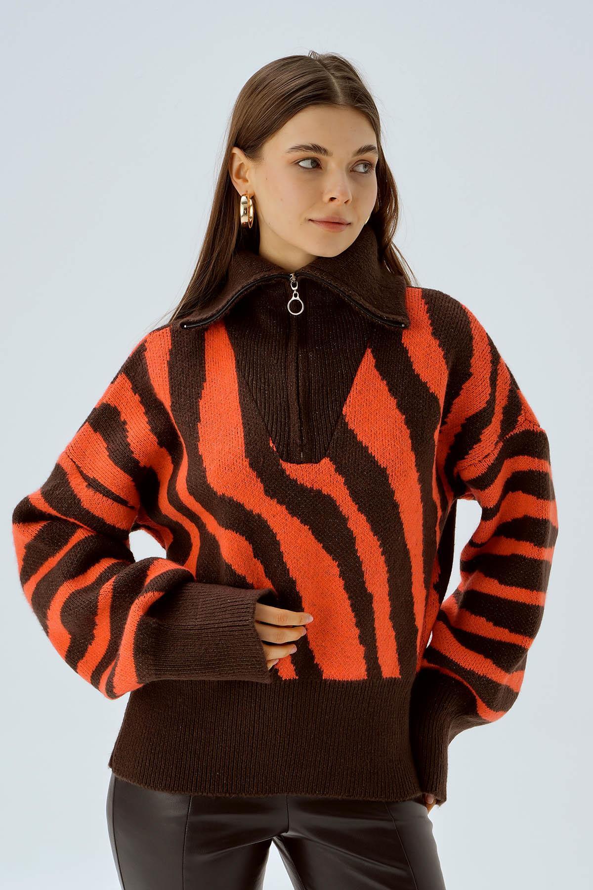 Kahve Fermuarlı Örgü Kazak 4295 - 3