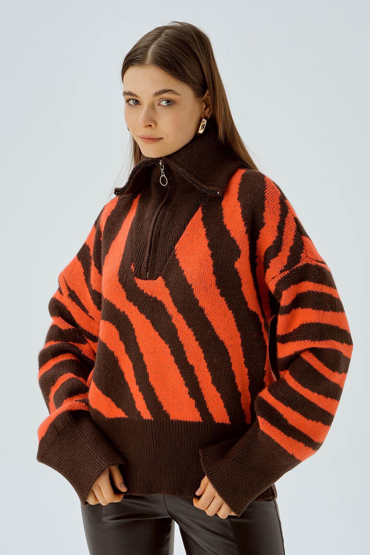 Kahve Fermuarlı Örgü Kazak 4295 - 4