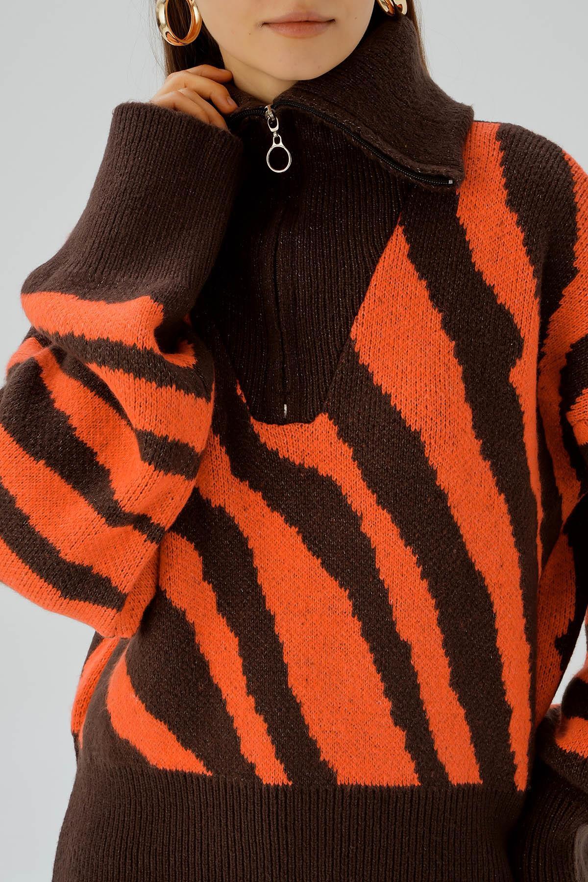 Kahve Fermuarlı Örgü Kazak 4295 - 6