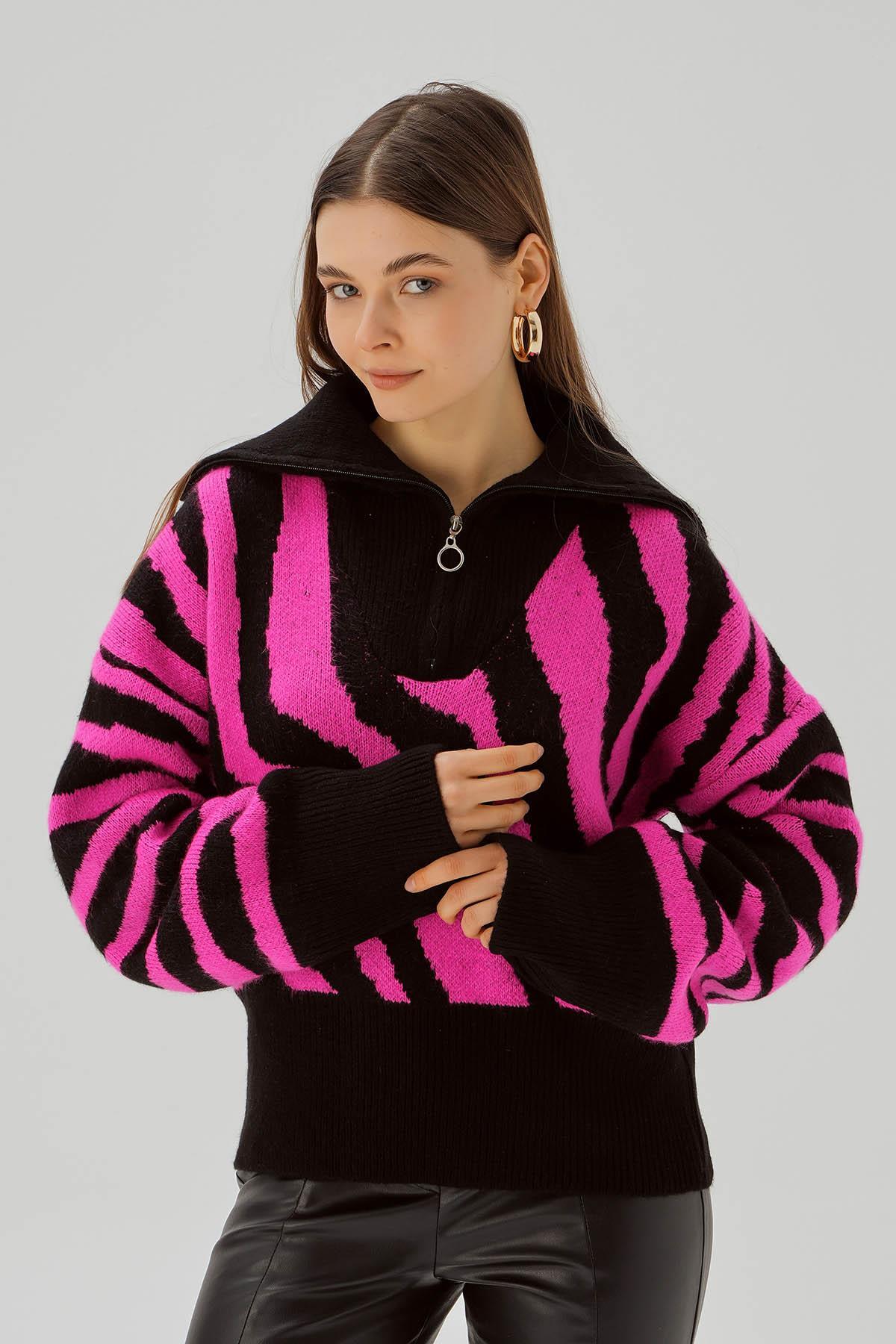 4295 Fermuarlı Örgü Kazak Siyah - 3