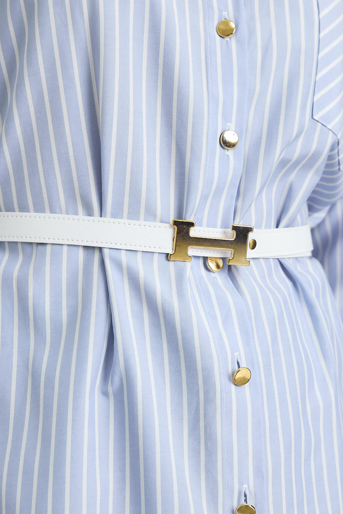 4298A Çizgili Kemerli Tunik Mavi - 8