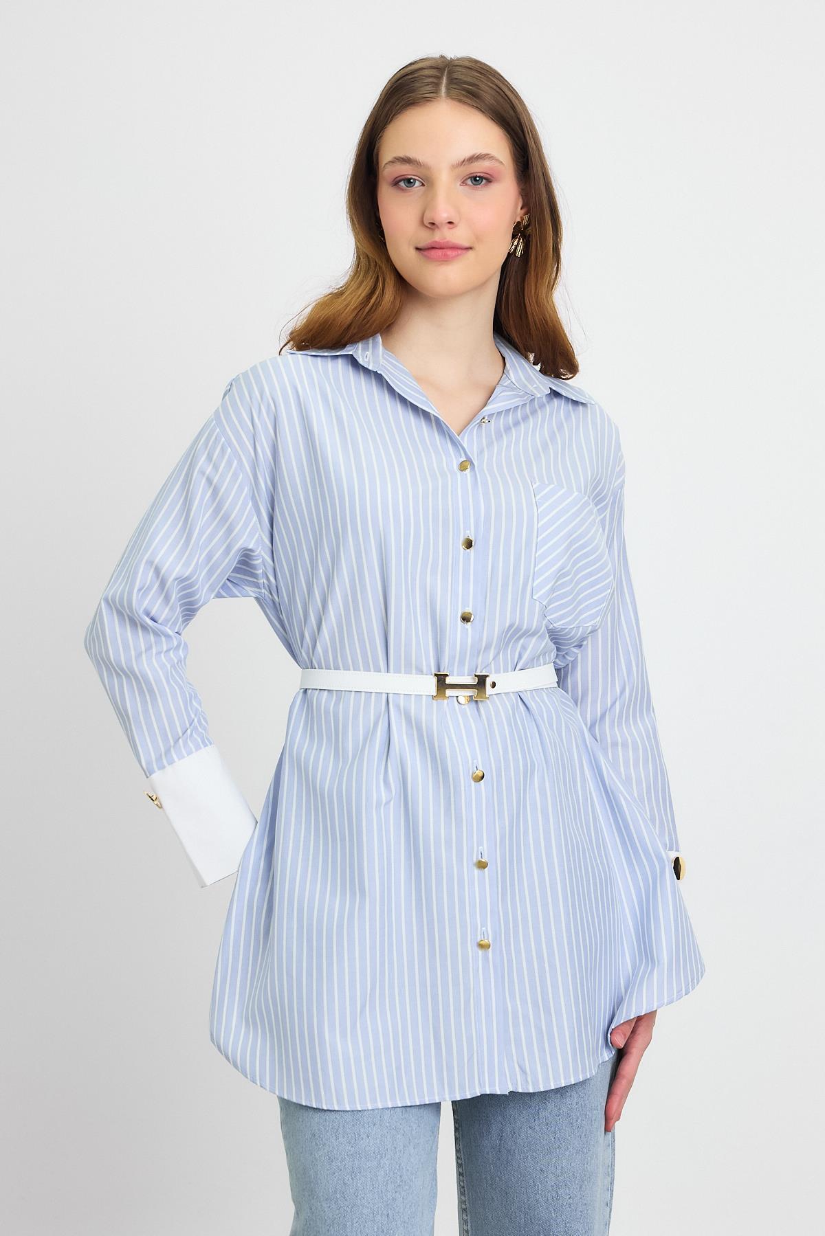 4298A Çizgili Kemerli Tunik Mavi - 6