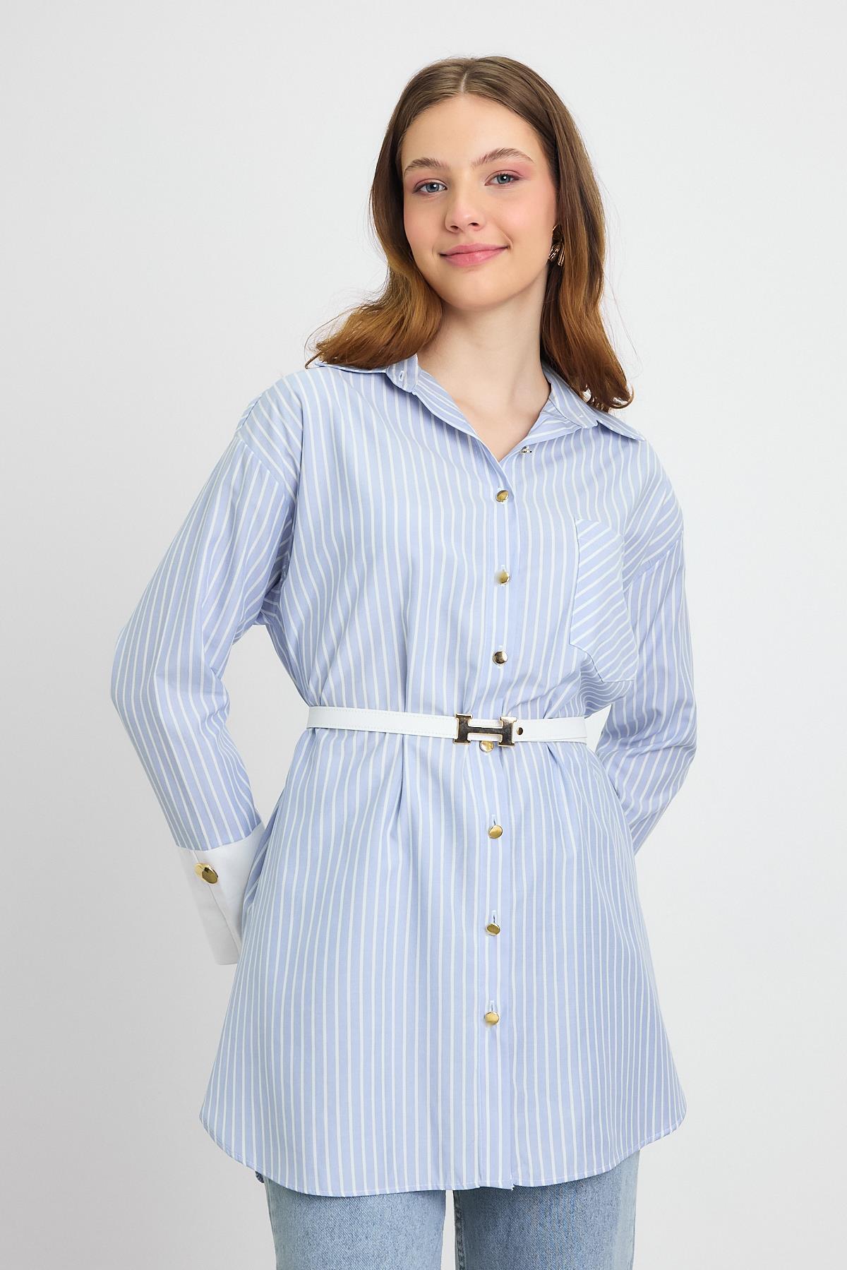 4298A Çizgili Kemerli Tunik Mavi - 3