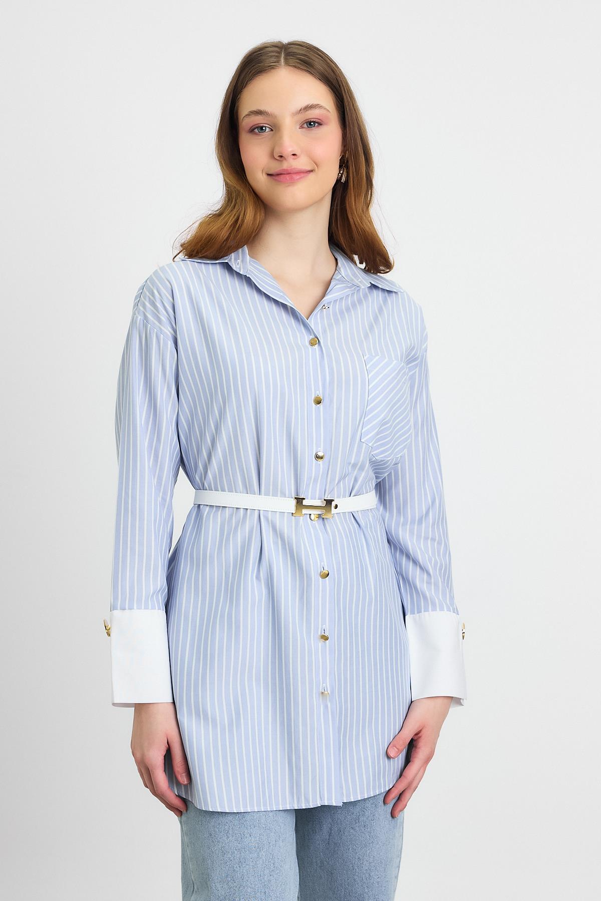 Mavi Çizgili Kemerli Tunik 4298A 