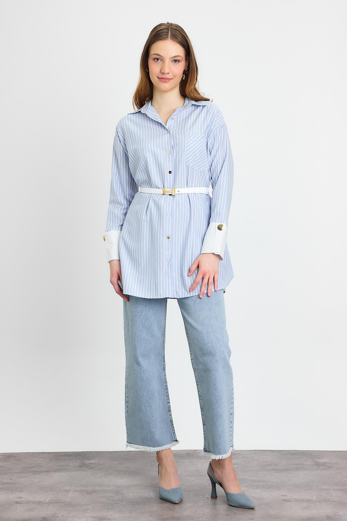 Mavi Çizgili Kemerli Tunik 4298A - 2