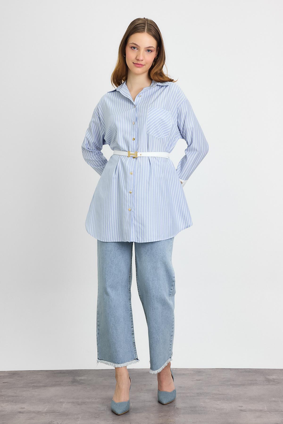 Mavi Çizgili Kemerli Tunik 4298A - 7