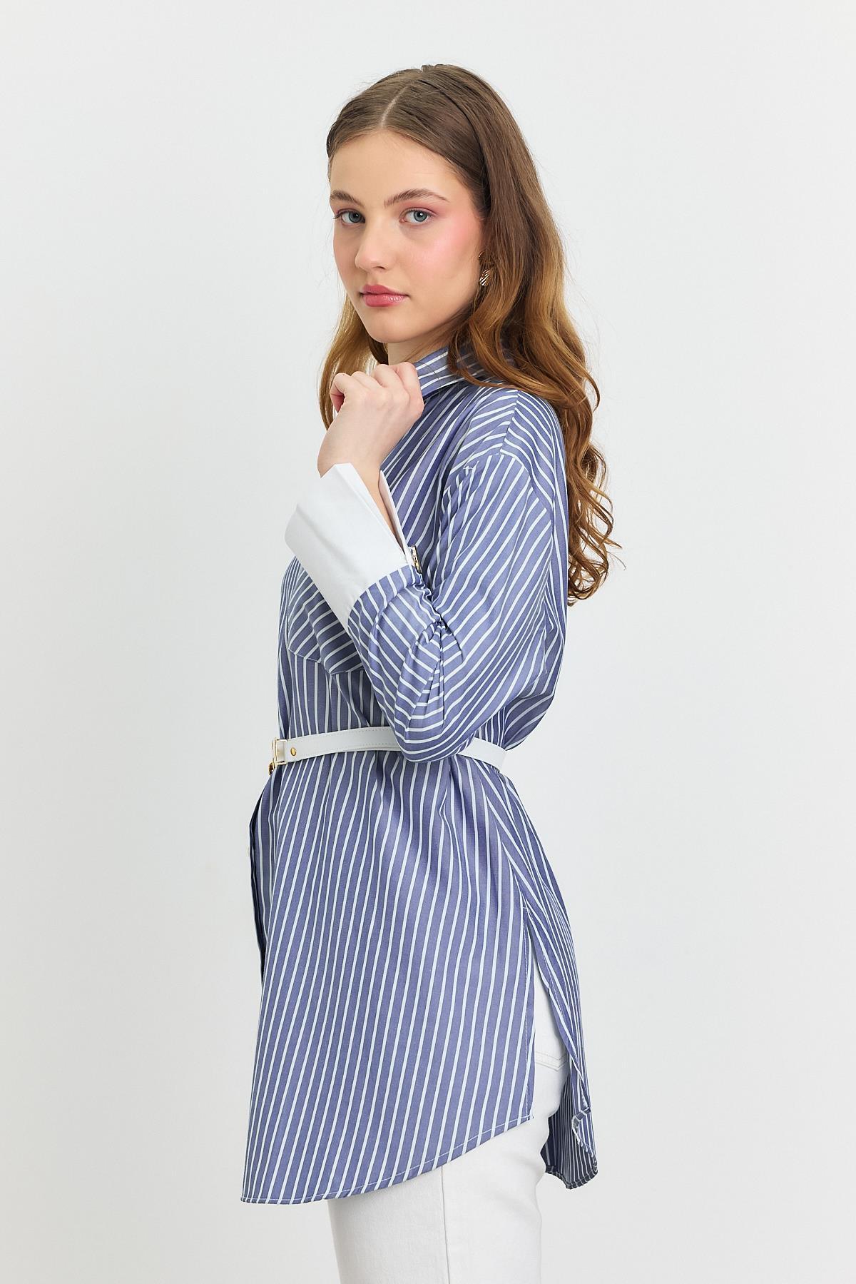 Saks Çizgili Kemerli Tunik 4298A - 6