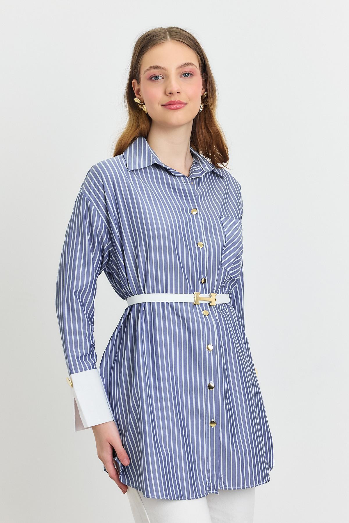 4298A Çizgili Kemerli Tunik Saks - 1