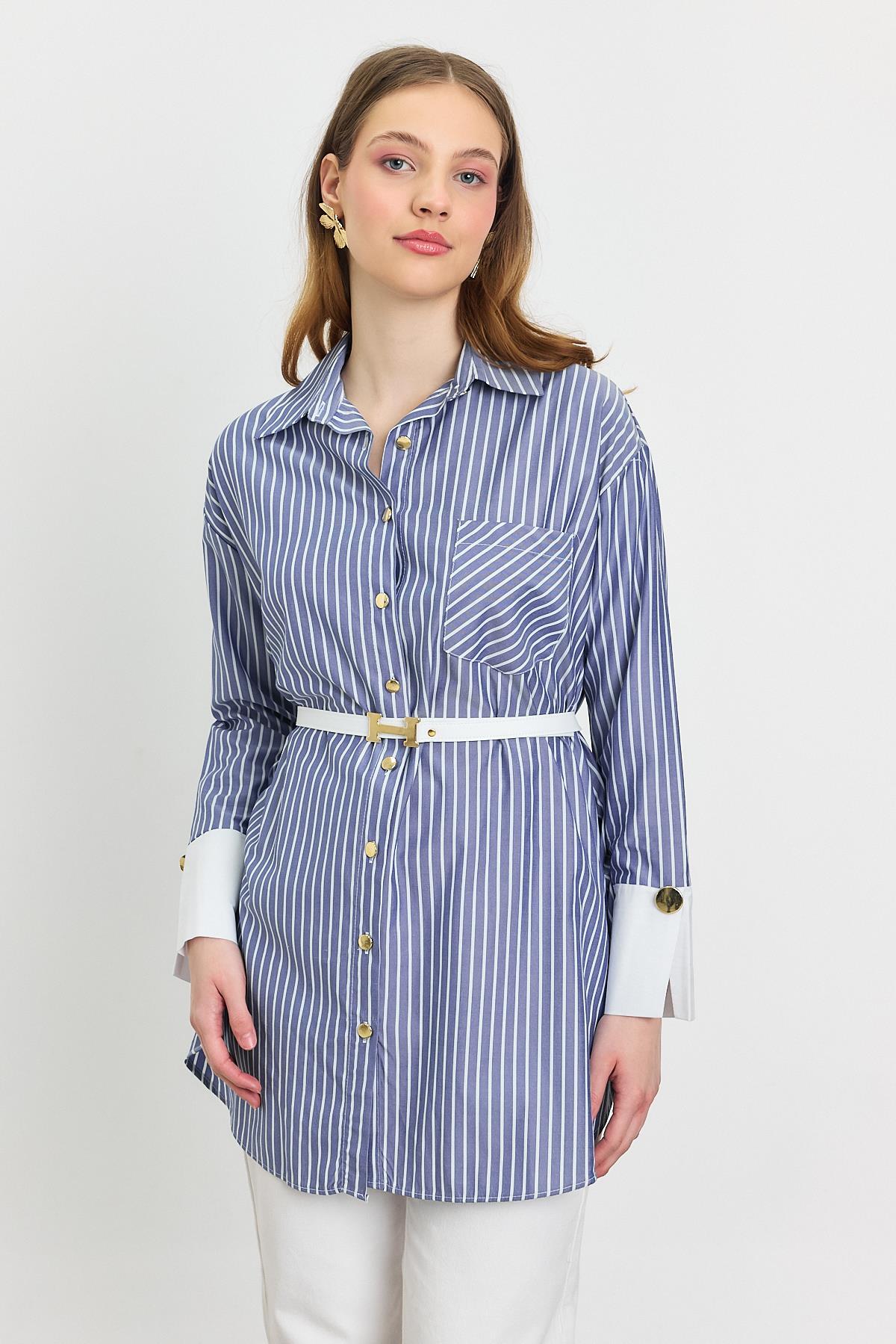 4298A Çizgili Kemerli Tunik Saks - 3