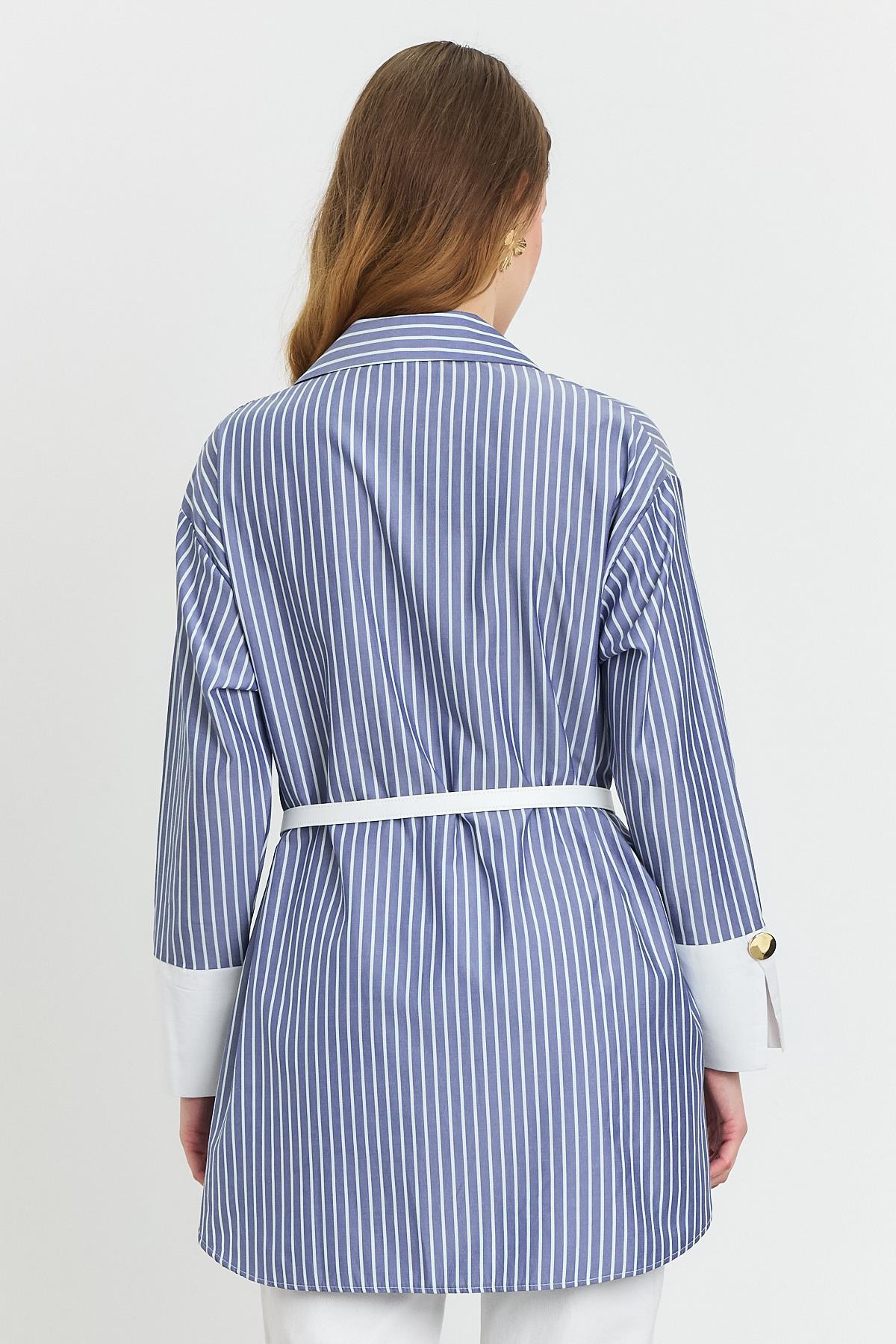 4298A Çizgili Kemerli Tunik Saks - 5