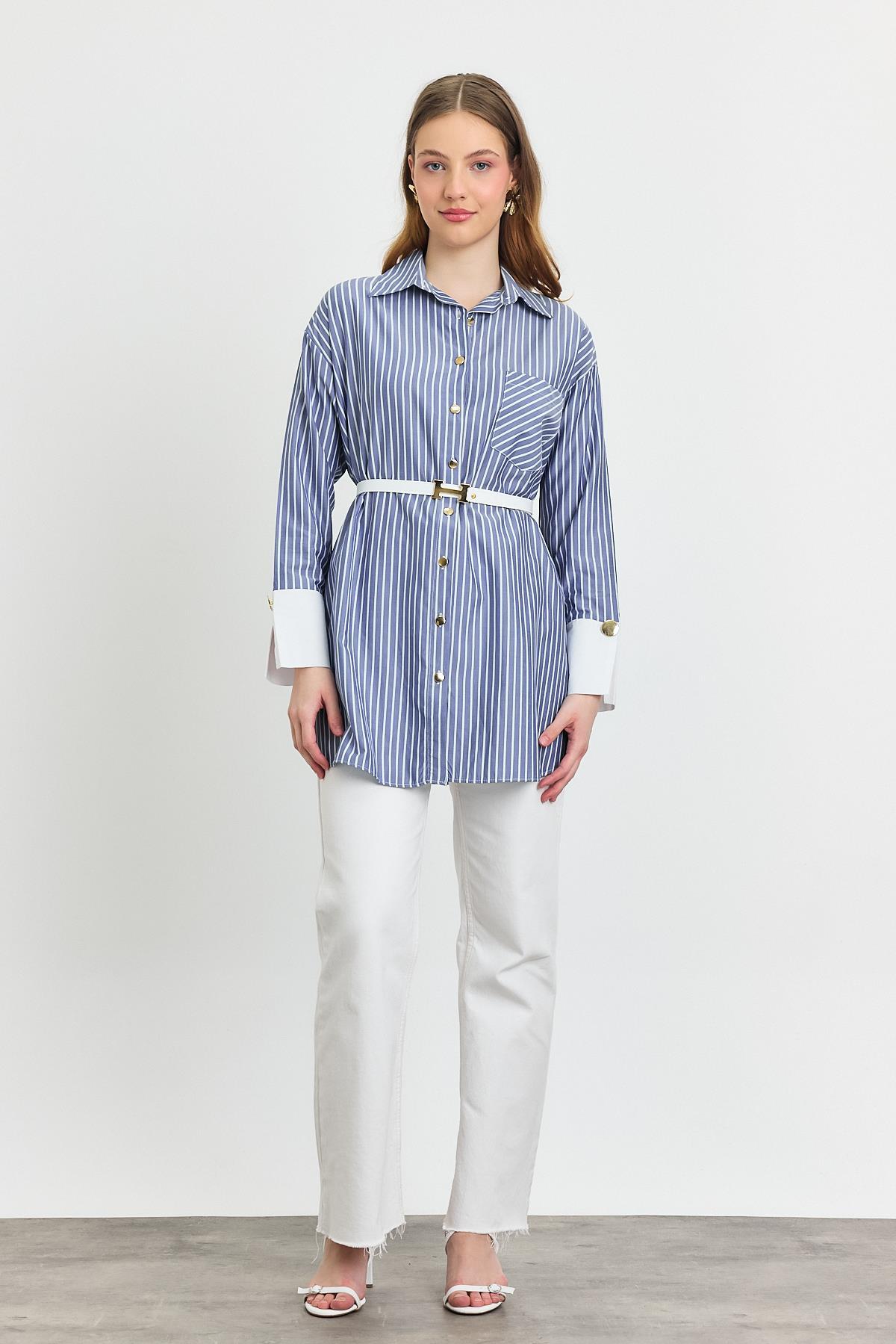 4298A Çizgili Kemerli Tunik Saks - 2