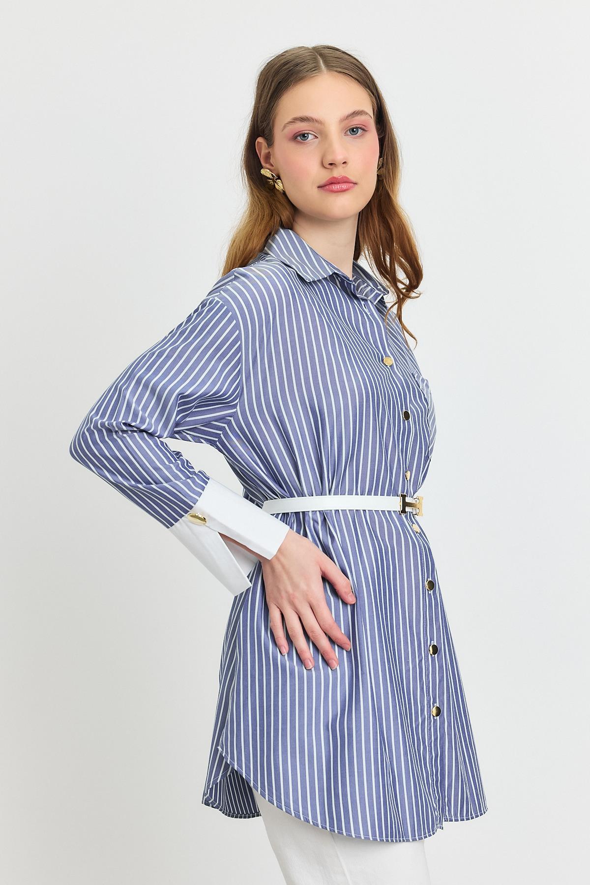 Saks Çizgili Kemerli Tunik 4298A - 7