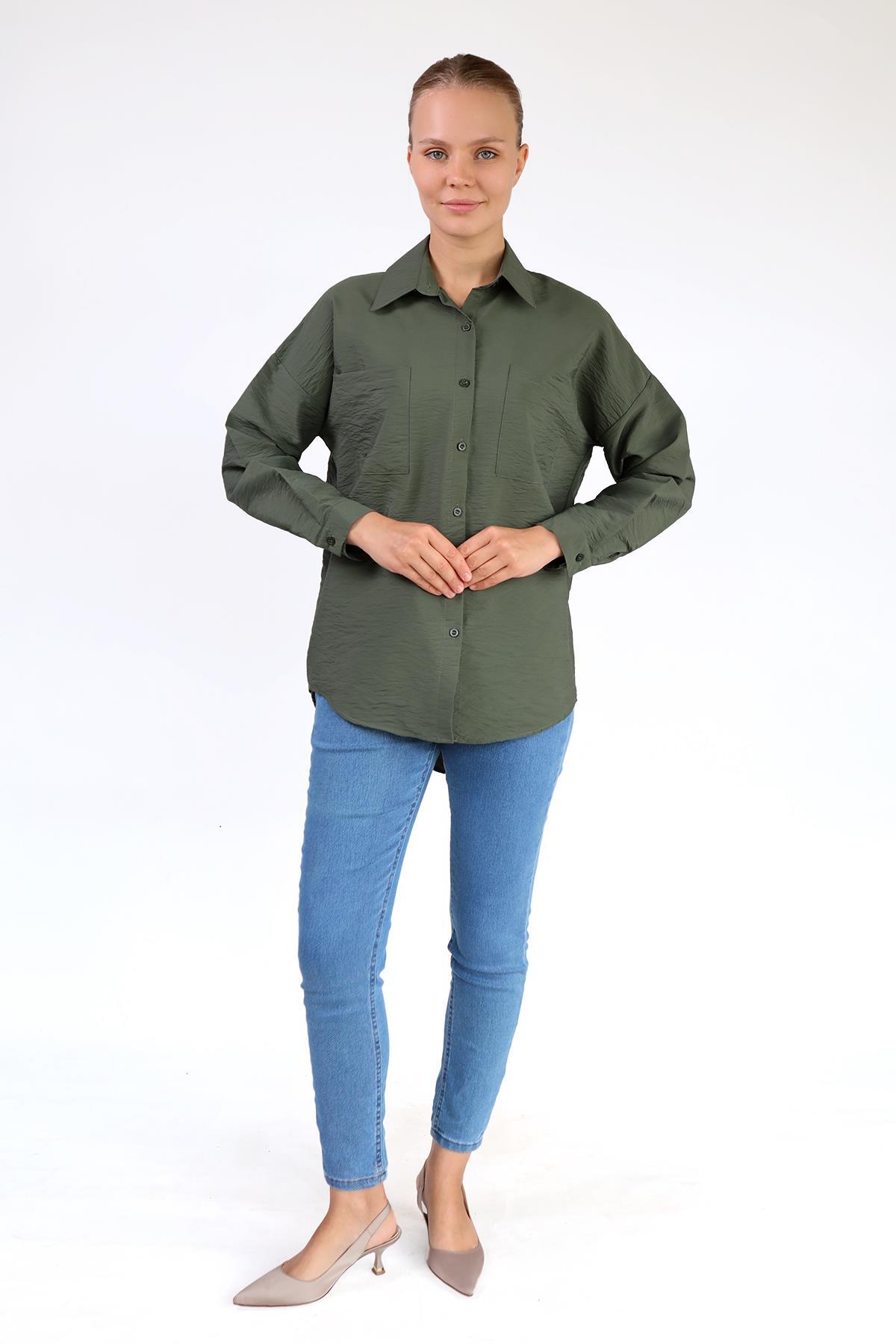 4304A Büyük Cep Detay Oversize Gömlek Haki - 6