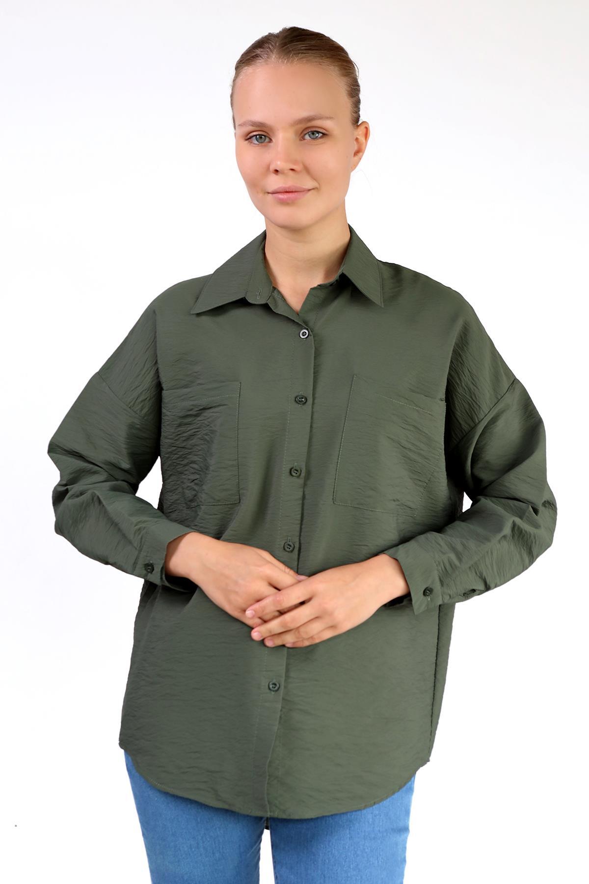 4304A Büyük Cep Detay Oversize Gömlek Haki - 8