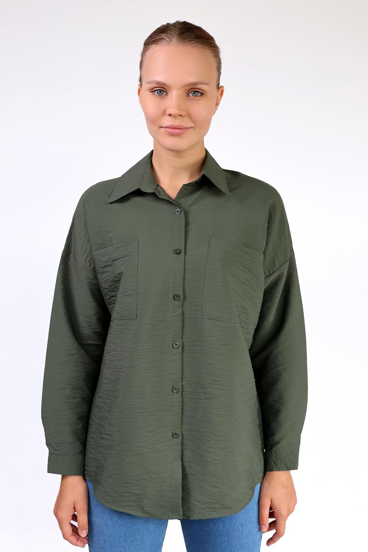 Haki Büyük Cep Detay Oversize Gömlek 4304A - 1