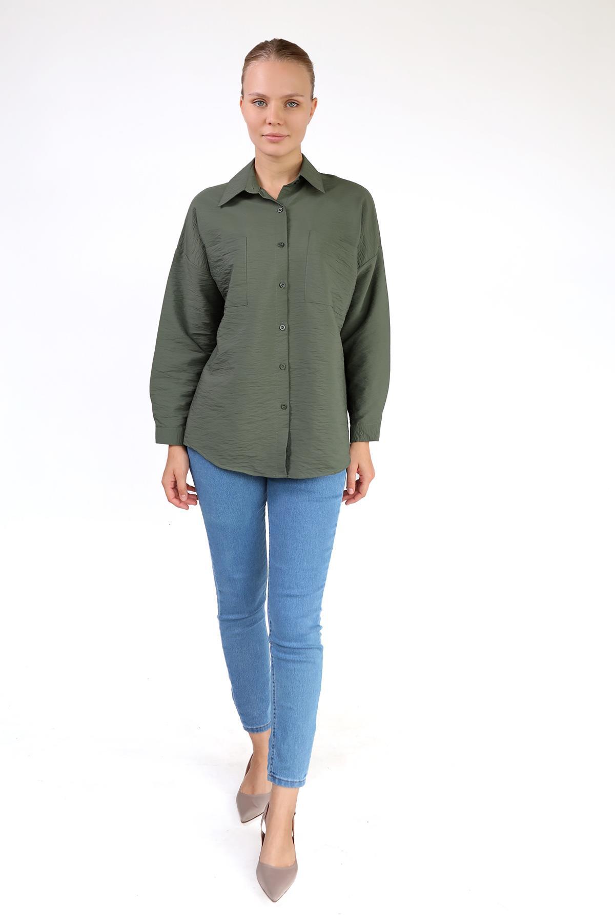 Haki Büyük Cep Detay Oversize Gömlek 4304A - 2