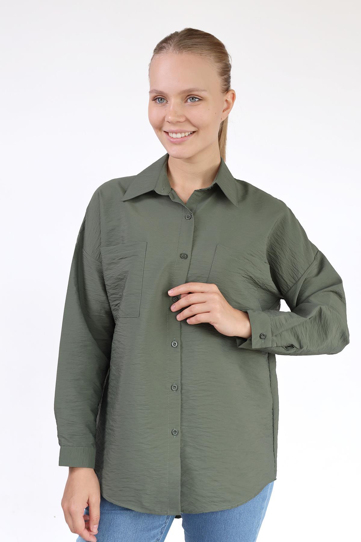 Haki Büyük Cep Detay Oversize Gömlek 4304A - 3