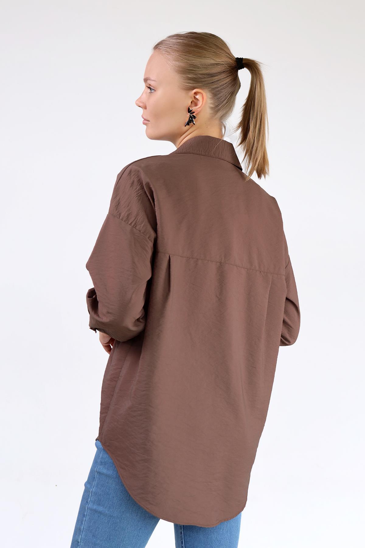 4304A Büyük Cep Detay Oversize Gömlek Kahve - 5