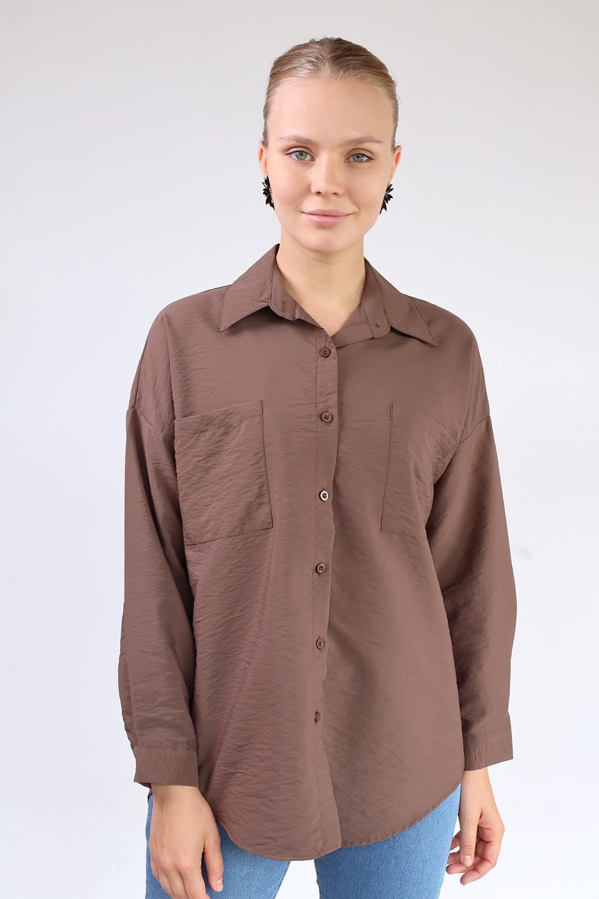 Kahve Büyük Cep Detay Oversize Gömlek 4304A 