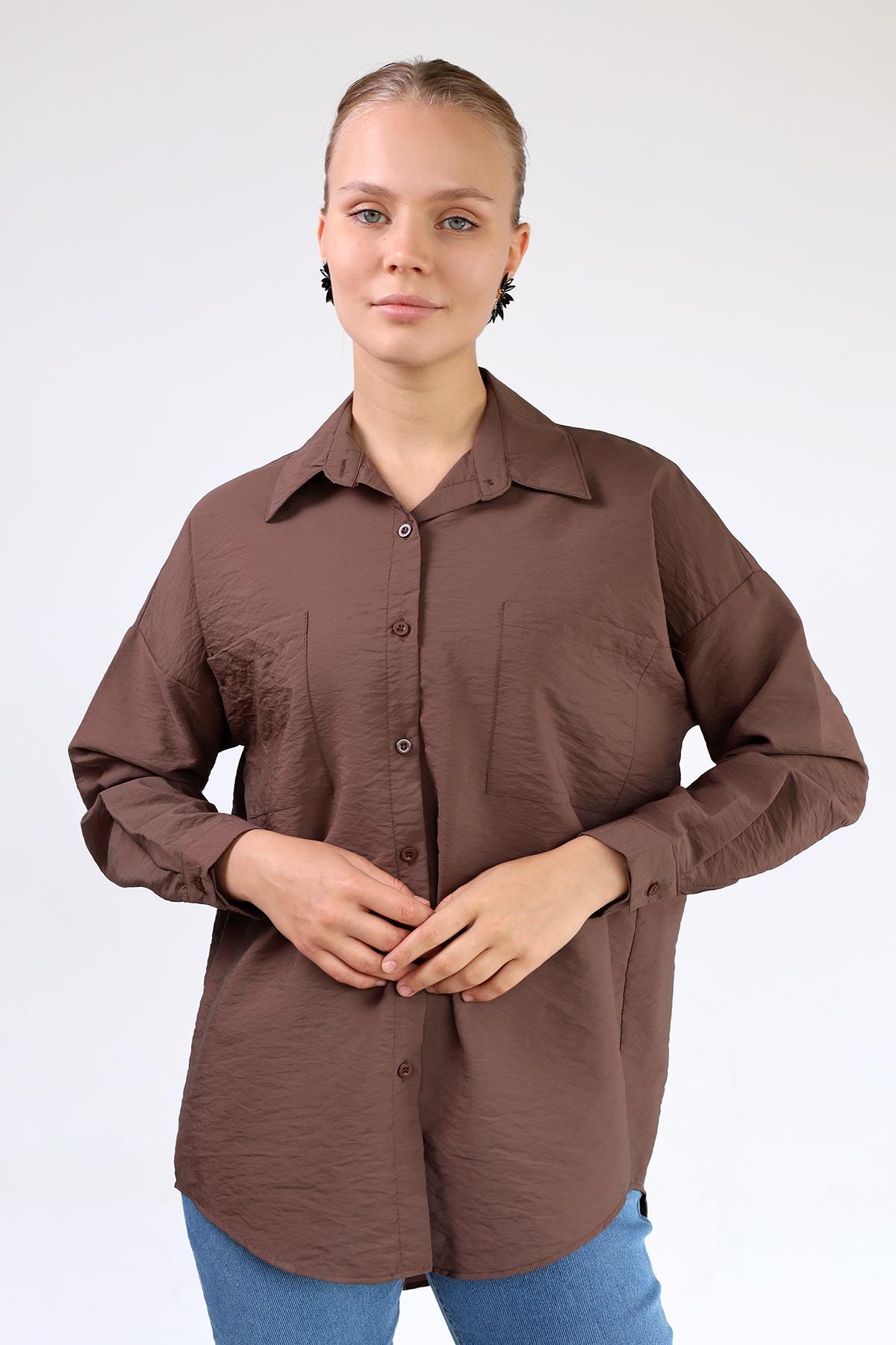 Kahve Büyük Cep Detay Oversize Gömlek 4304A - 3
