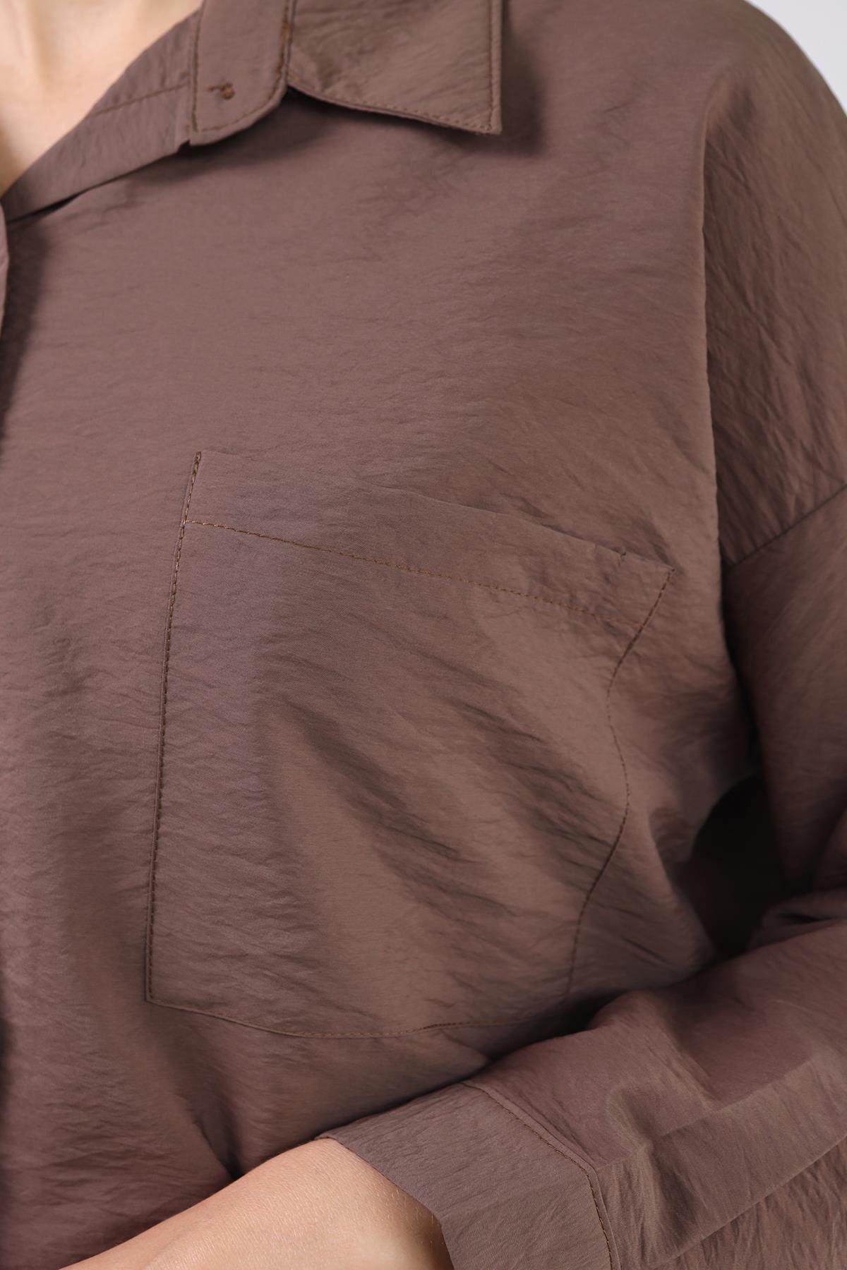 Kahve Büyük Cep Detay Oversize Gömlek 4304A - 4