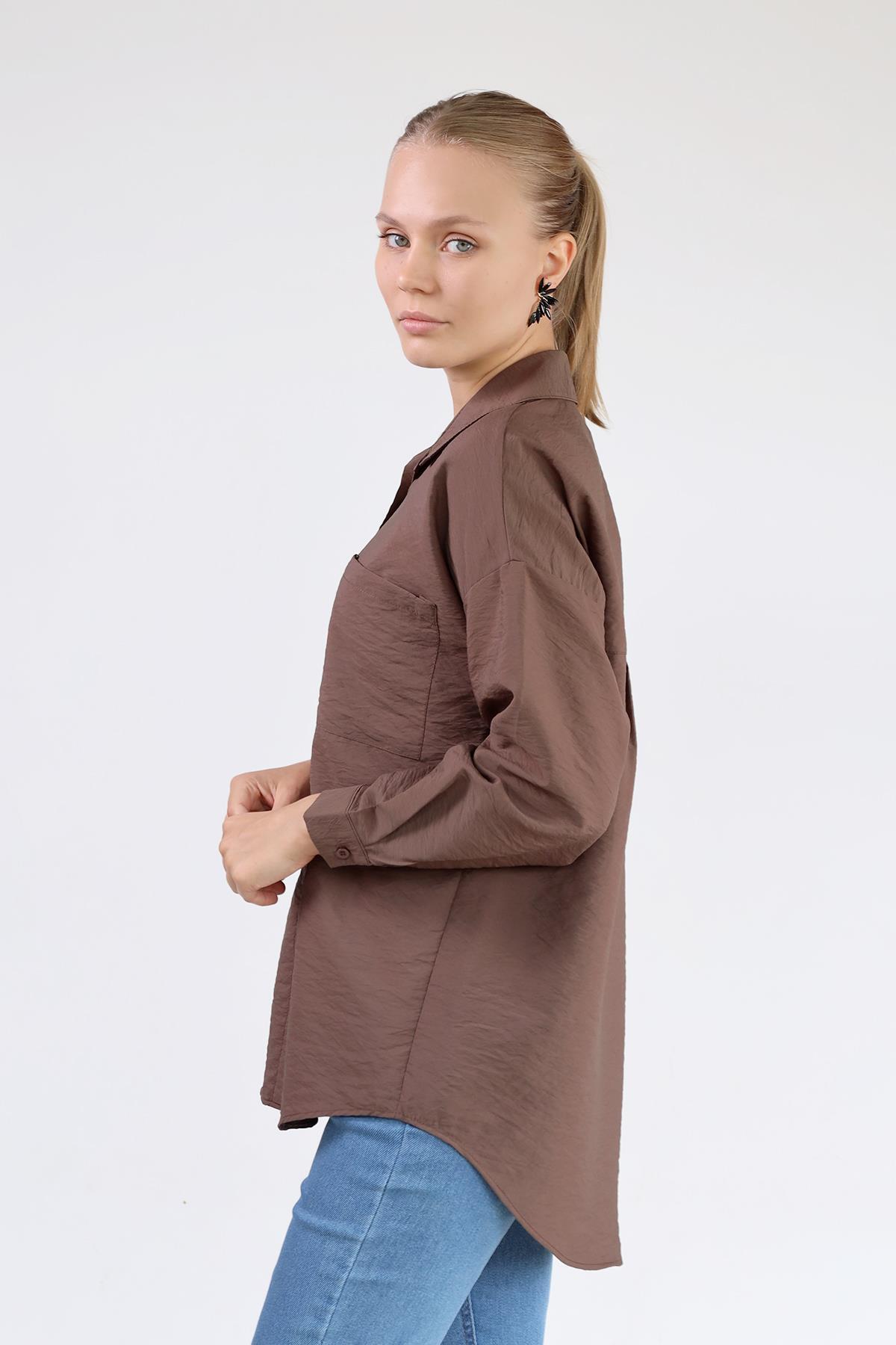 Kahve Büyük Cep Detay Oversize Gömlek 4304A - 6