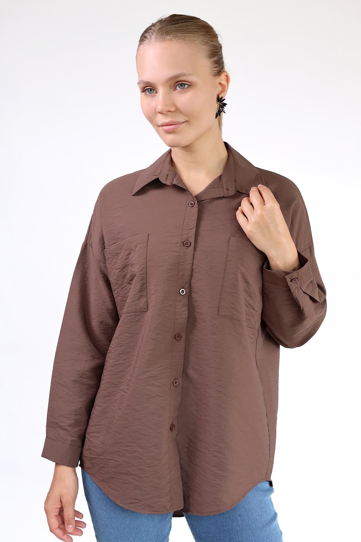 Kahve Büyük Cep Detay Oversize Gömlek 4304A - 7