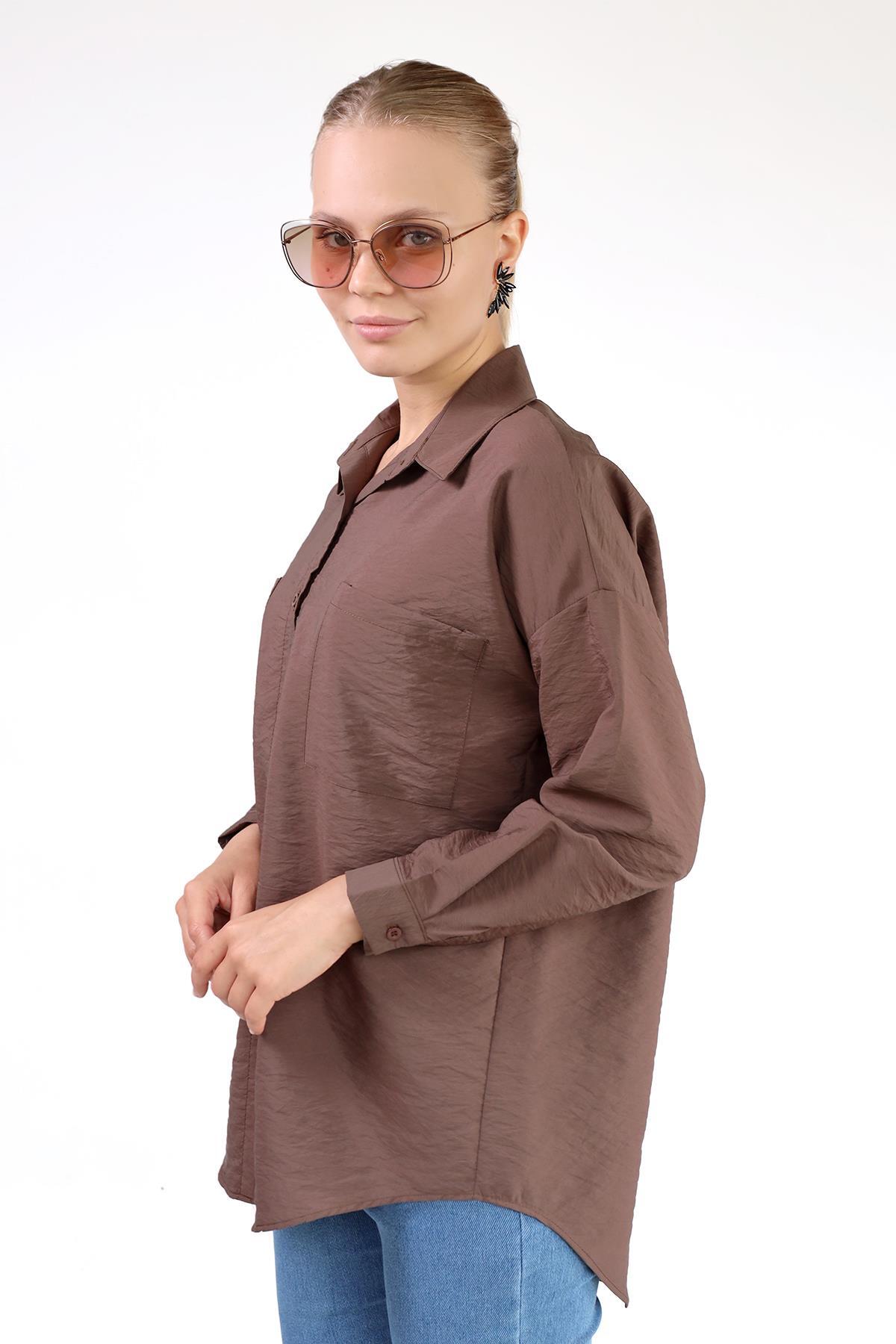 Kahve Büyük Cep Detay Oversize Gömlek 4304A - 8