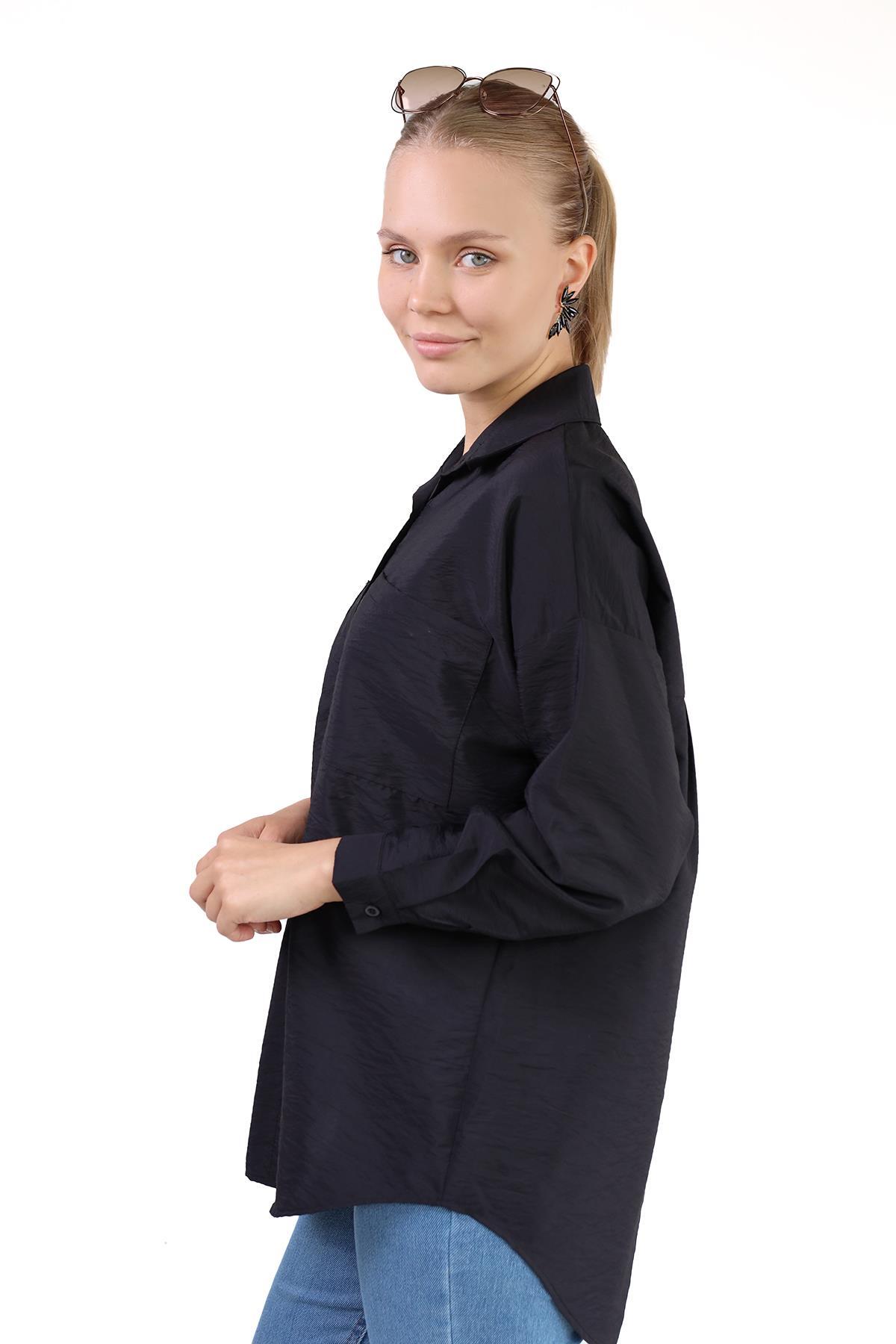 4304A Büyük Cep Detay Oversize Gömlek Siyah - 6