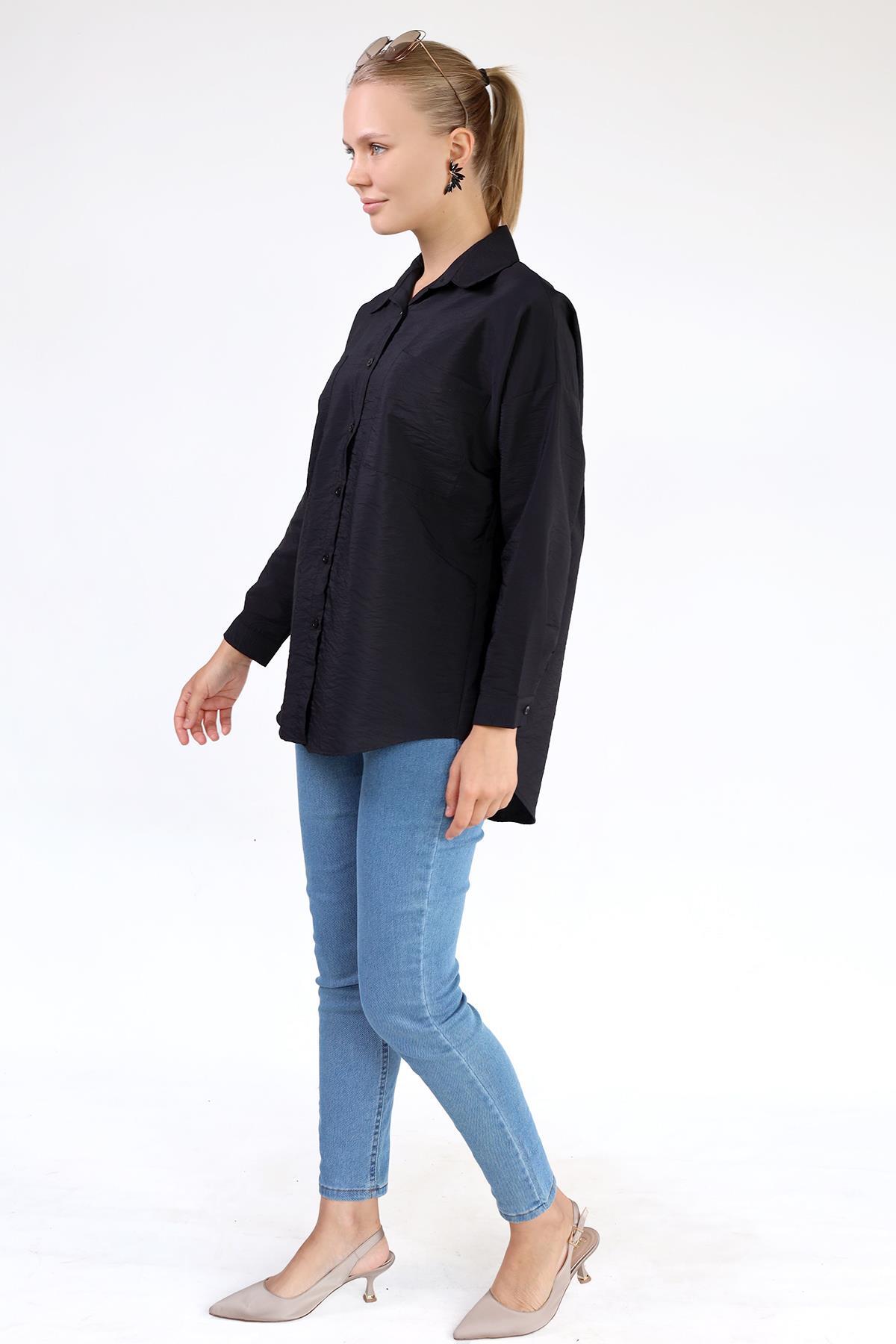 4304A Büyük Cep Detay Oversize Gömlek Siyah - 7