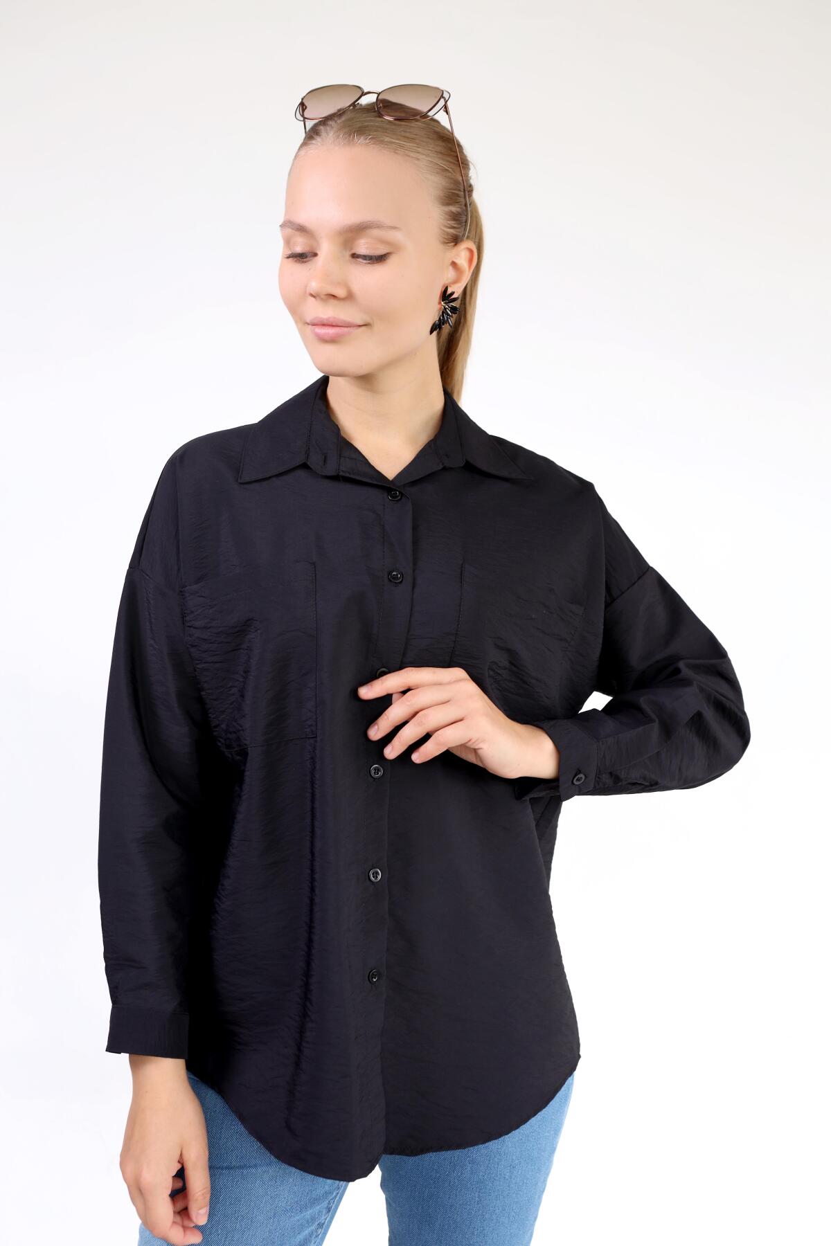 4304A Büyük Cep Detay Oversize Gömlek Siyah - 8