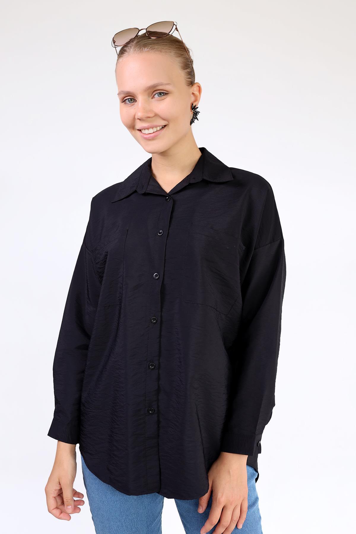 Siyah Büyük Cep Detay Oversize Gömlek 4304A 