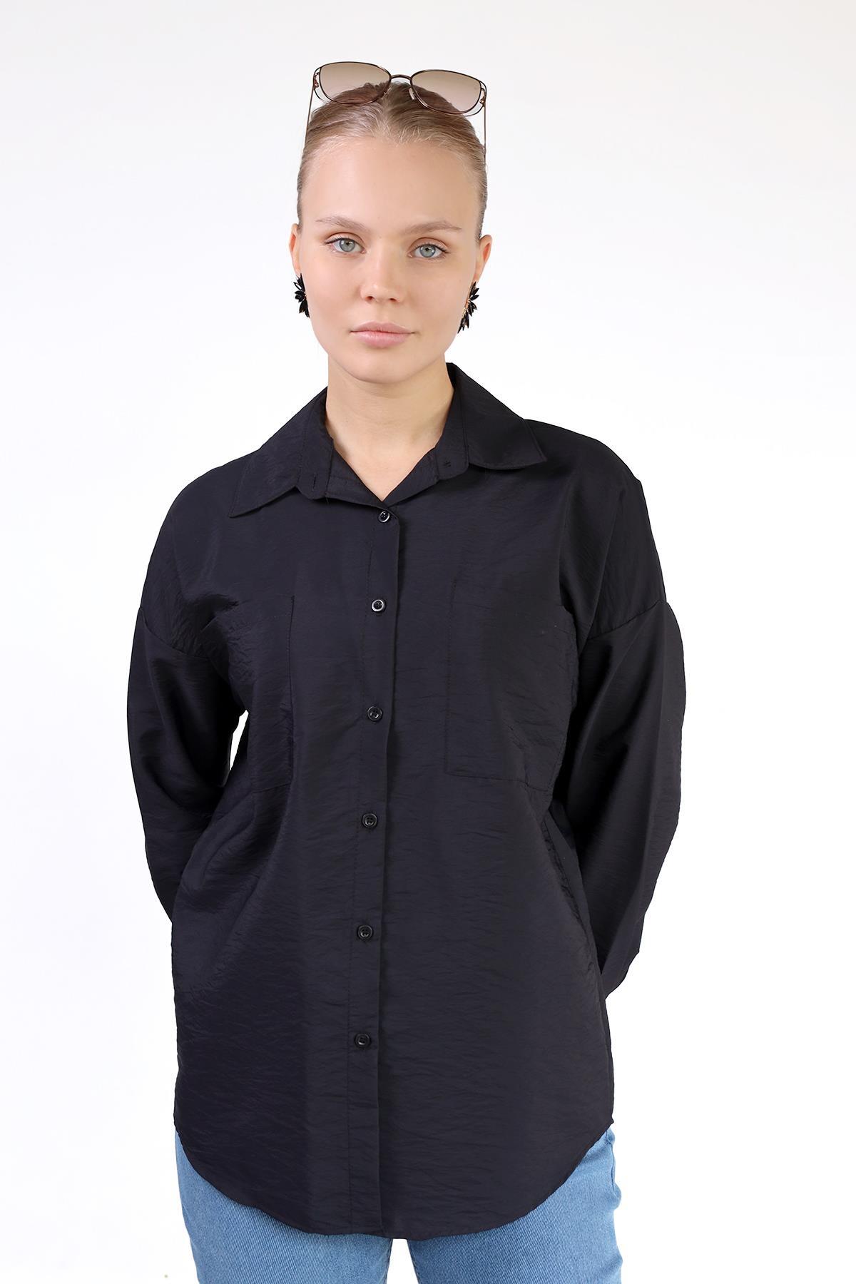 Siyah Büyük Cep Detay Oversize Gömlek 4304A - 2