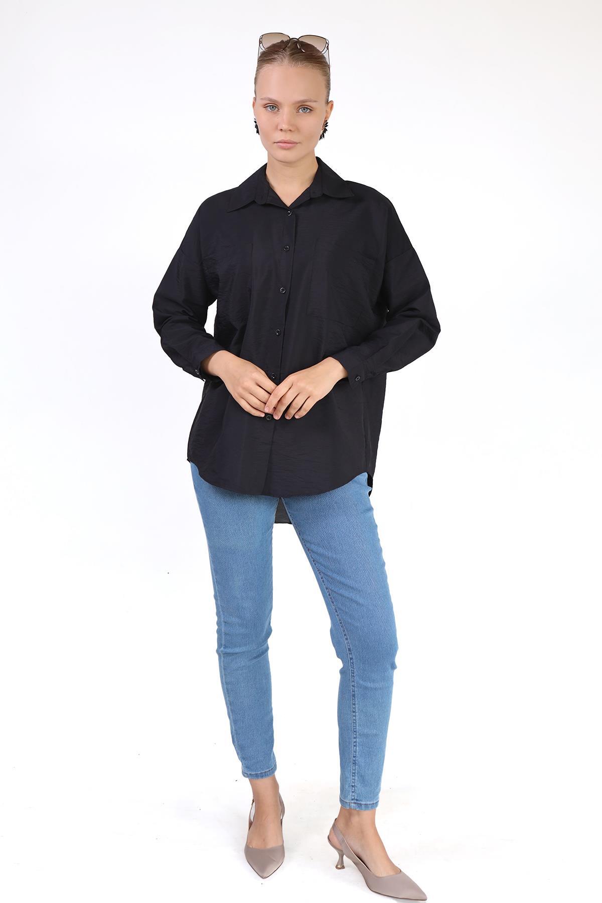 Siyah Büyük Cep Detay Oversize Gömlek 4304A - 3