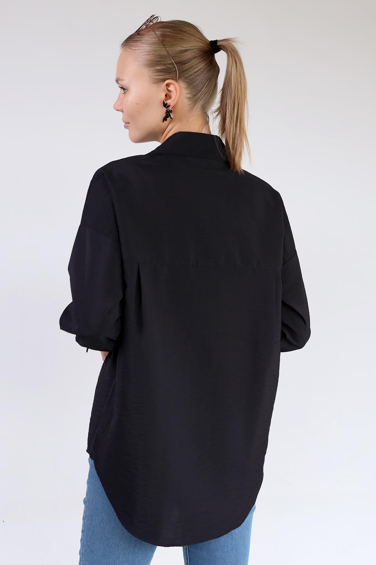 Siyah Büyük Cep Detay Oversize Gömlek 4304A - 5