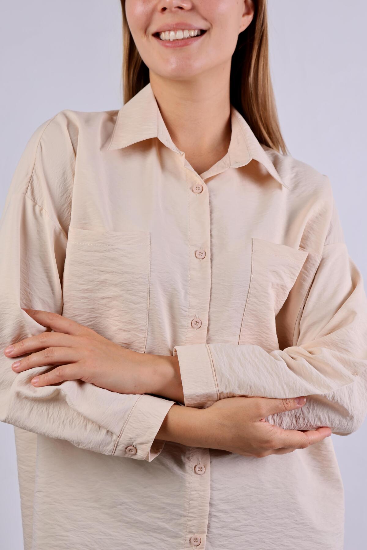 4304A Büyük Cep Detay Oversize Gömlek Taş - 4