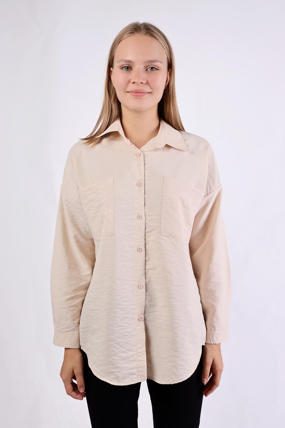 4304A Büyük Cep Detay Oversize Gömlek Taş - 6