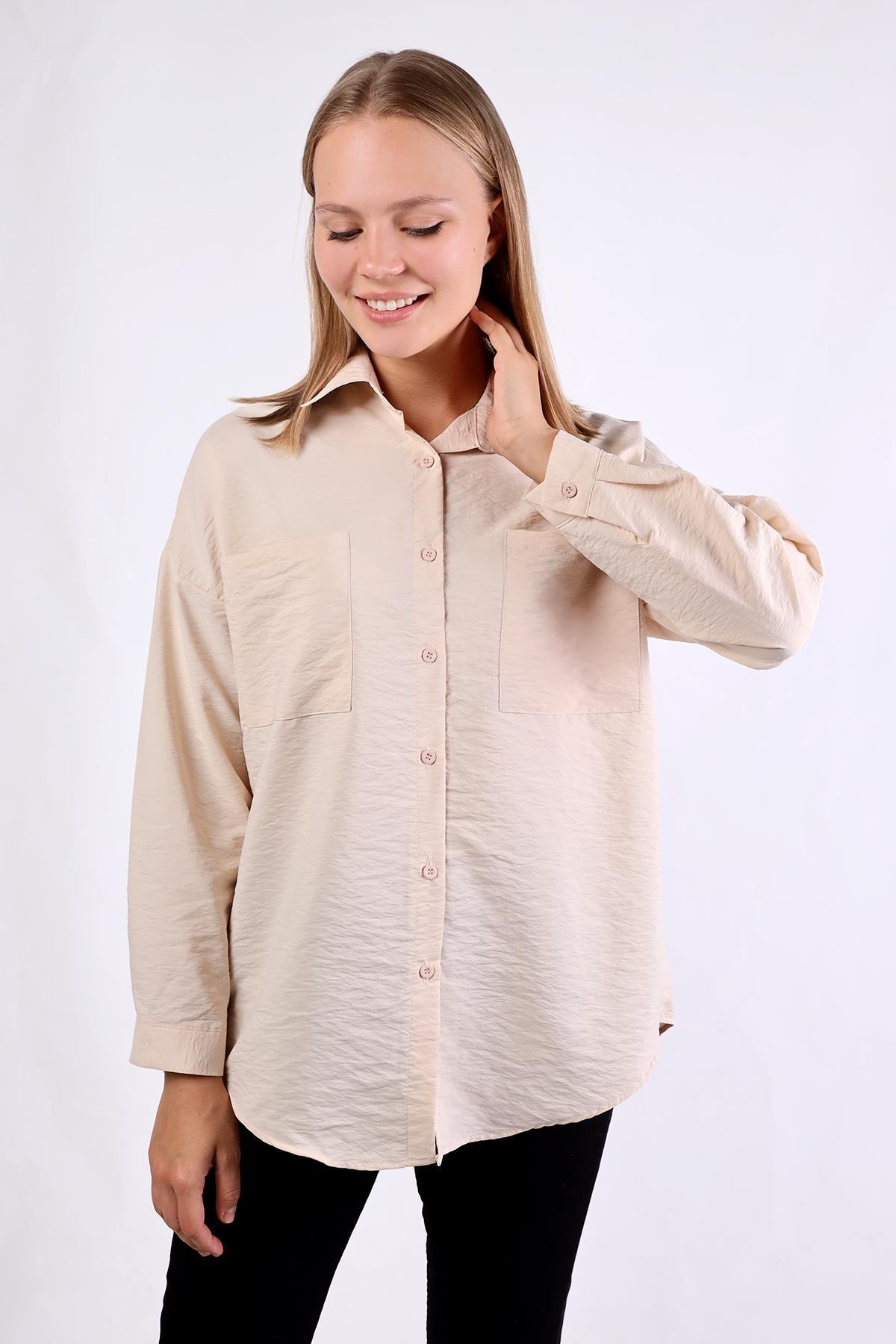 4304A Büyük Cep Detay Oversize Gömlek Taş - 7