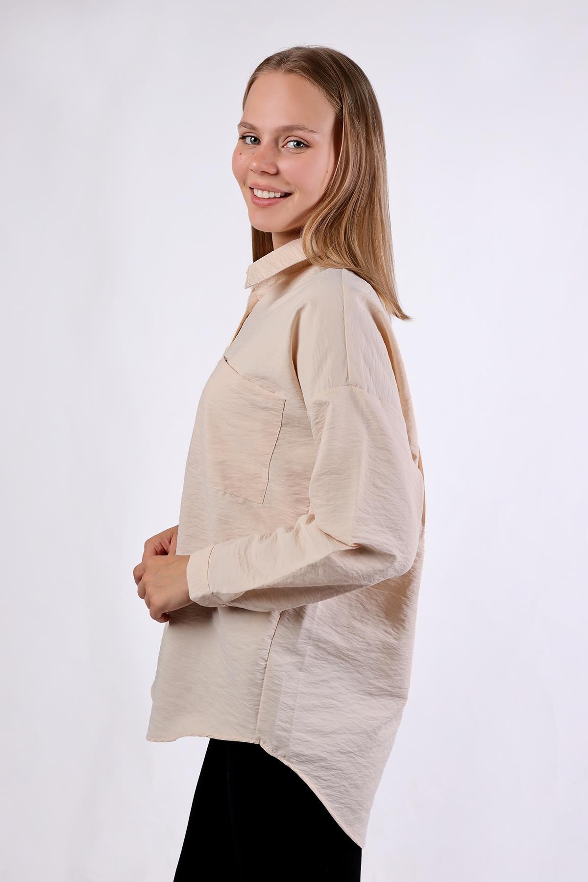 4304A Büyük Cep Detay Oversize Gömlek Taş - 8