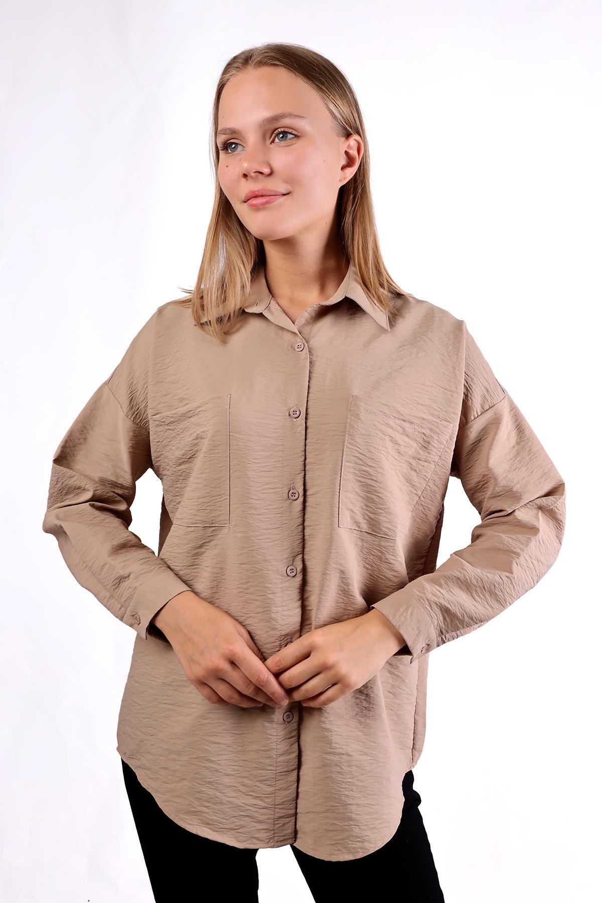 4304A Büyük Cep Detay Oversize Gömlek Vizon - 2