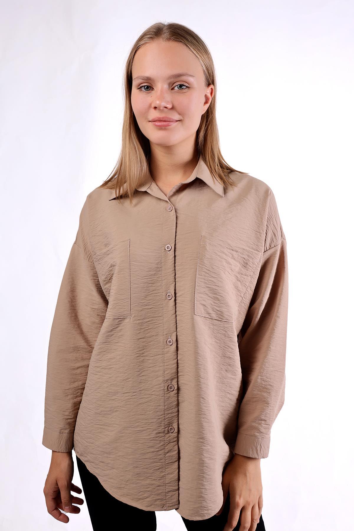 4304A Büyük Cep Detay Oversize Gömlek Vizon - 3