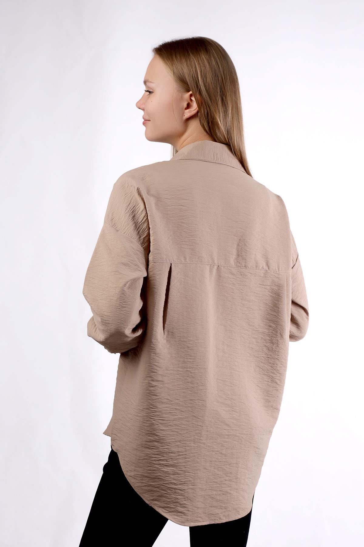 4304A Büyük Cep Detay Oversize Gömlek Vizon - 5