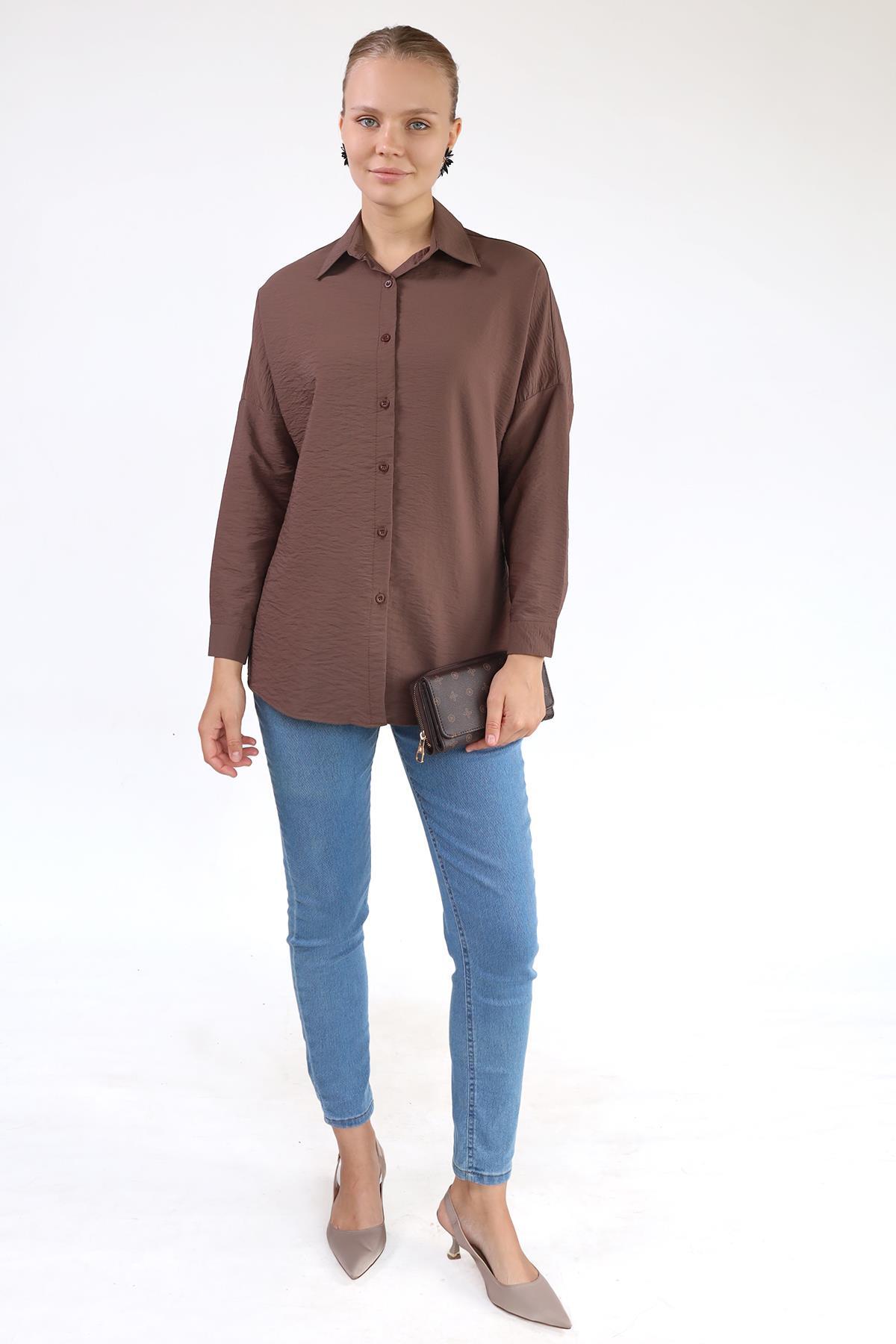 4305A Oversize Klasik Gömlek Kahve 