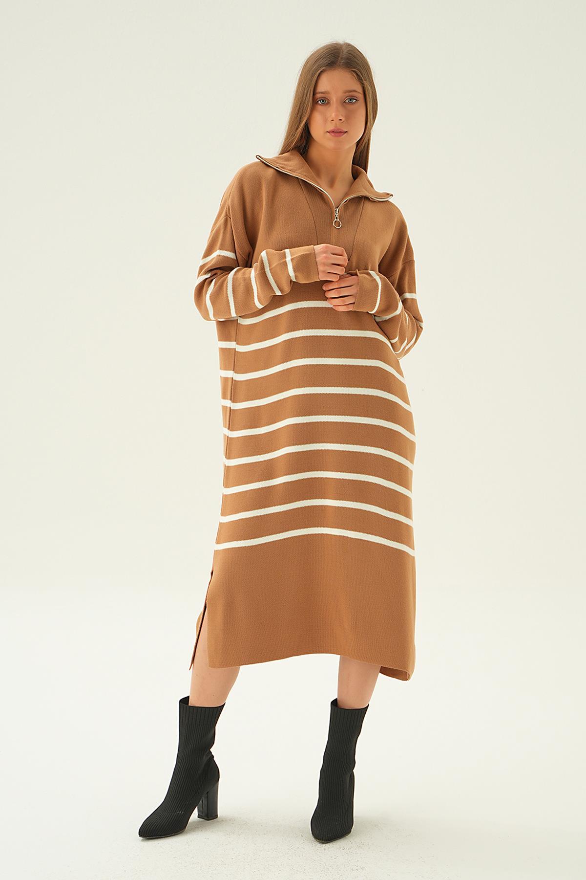 4310 Çizgili Fermuarlı Tunik Bisküvi - 1