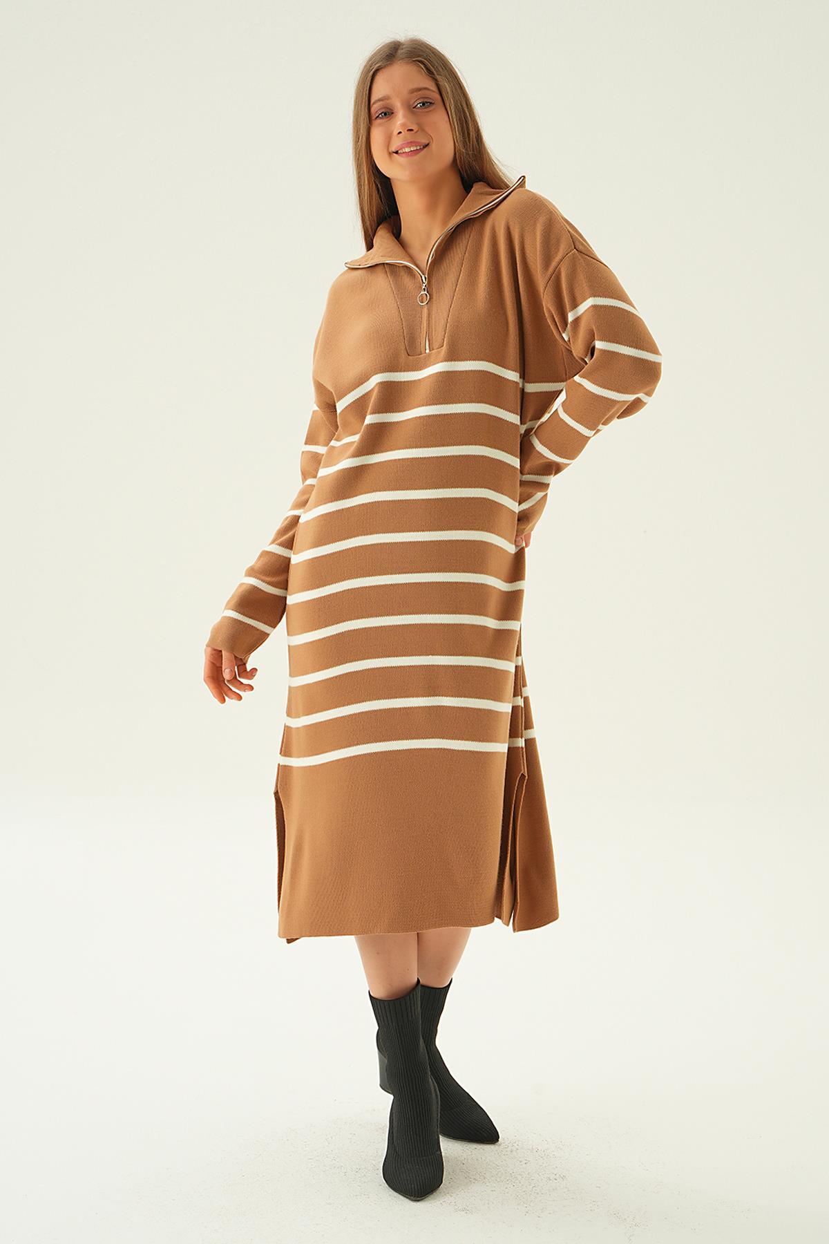 4310 Çizgili Fermuarlı Tunik Bisküvi - 4